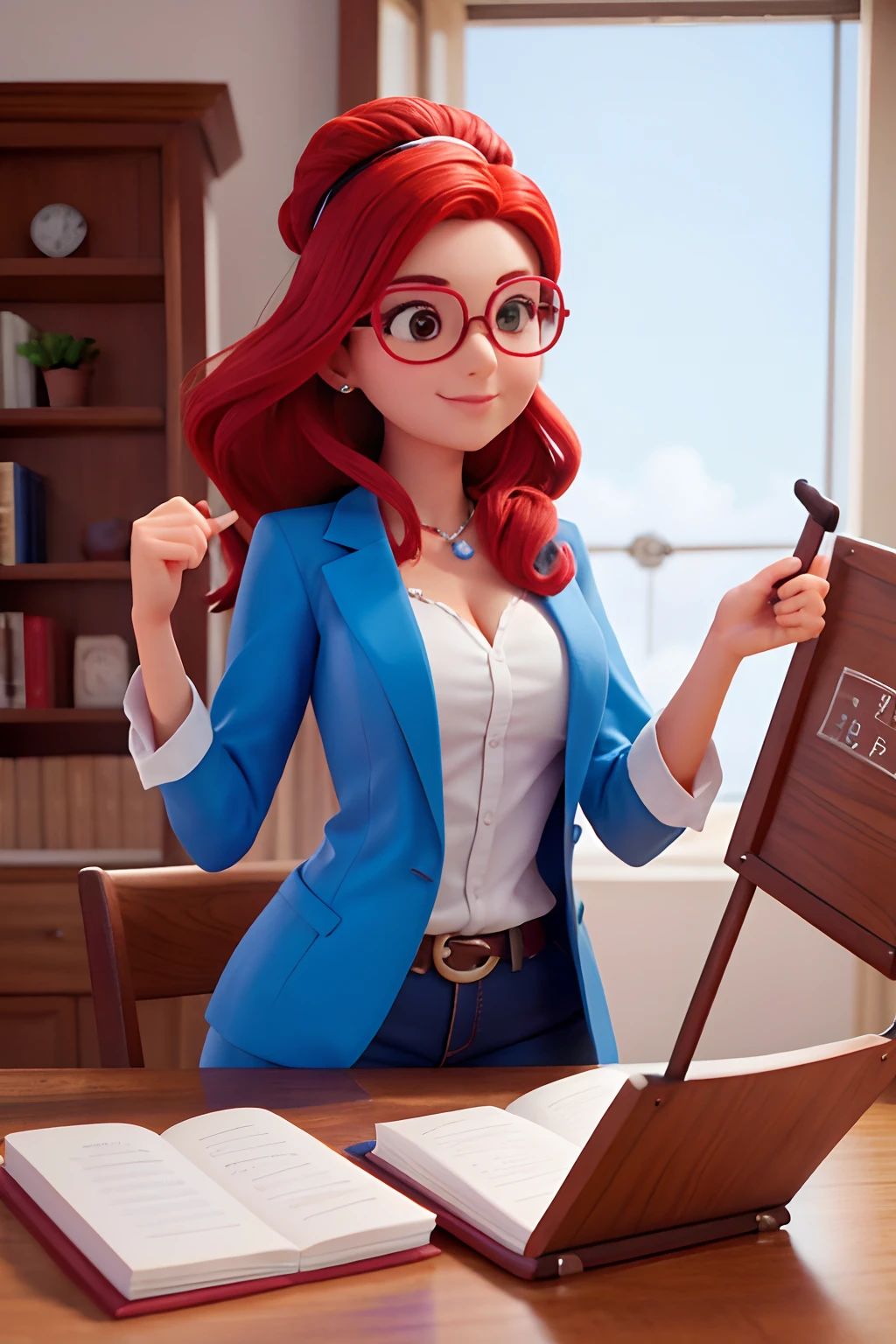Professora com cabelos vermelhos e oculos, You're at home, com um semblante satisfeito, demonstrating your passion for what you're doing, sentado em sua mesa com um monte de planos de aula, She's preparing for the next day's lessons