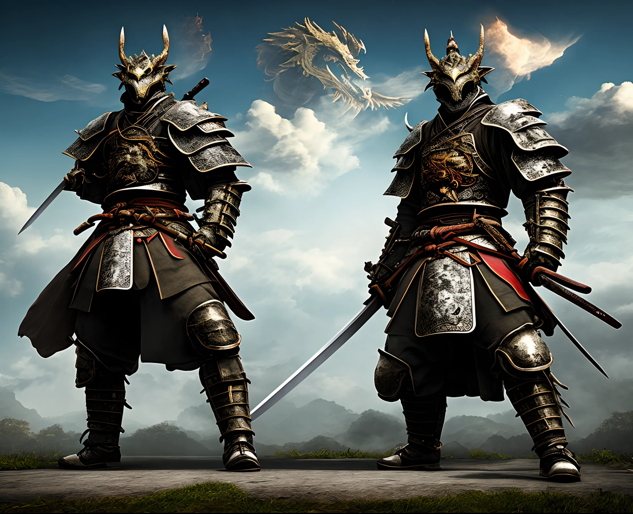 A dragon in the sky and a samurai in black armor with a katana in his hand on the ground