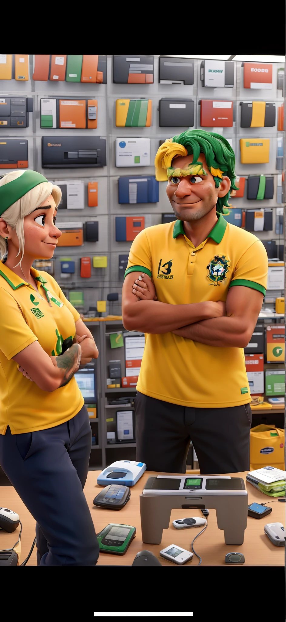 Boss and employee with crossed arms with Brazilian national team jersey in an electronics store