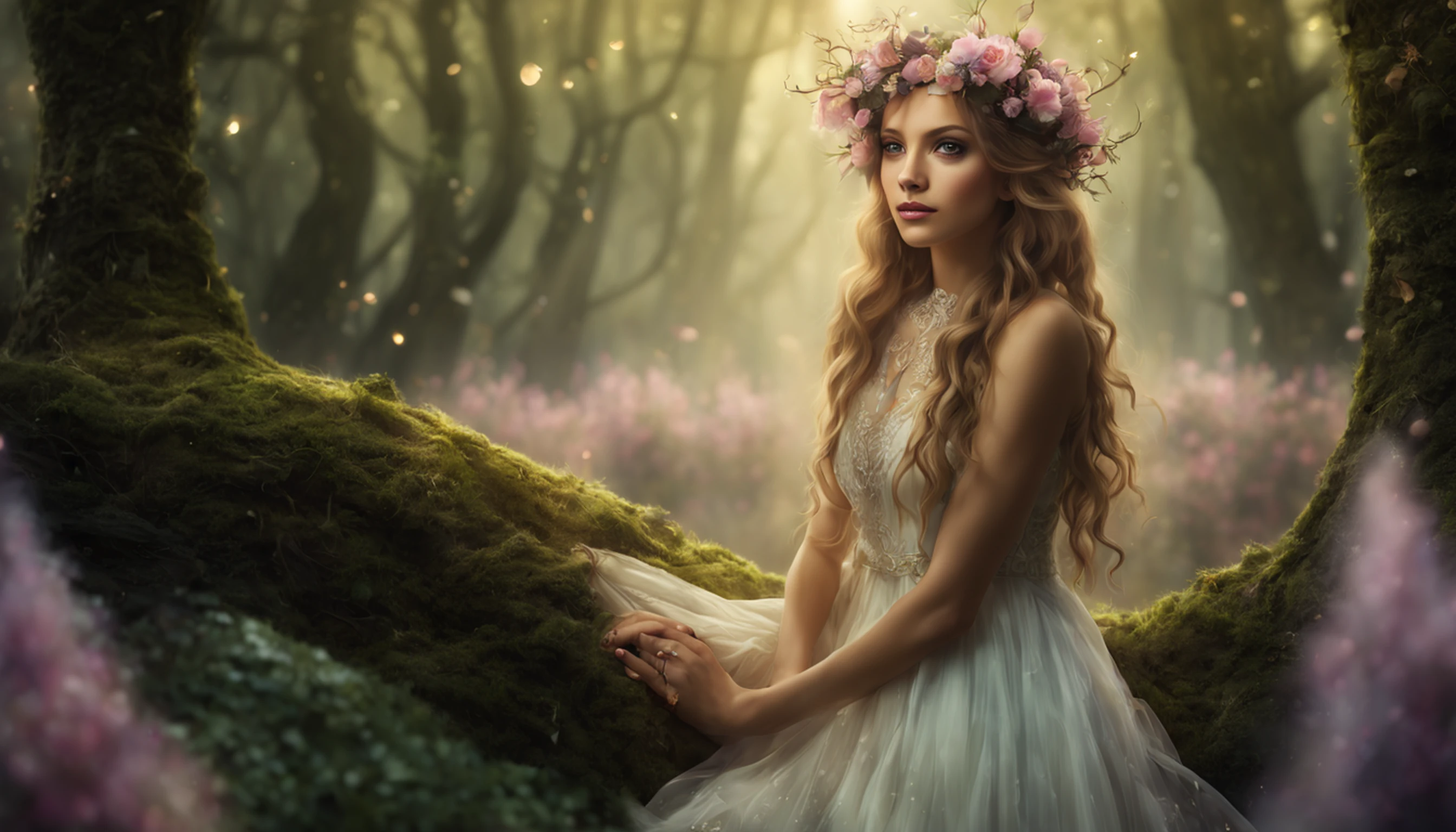 (melhor qualidade,4k,8k,Altas,master part:1.2),ultra-detalhado,(Realistic,fotorrealista,photo-realistic:1.37),Rainha Fada,Shining spells,floresta da fantasia,belos olhos detalhados,Detailed lips,atmosfera encantada,luzes cintilantes,Asas de fada,coroa floral delicada,magical surroundings,Mystical creatures,ethereal beauty,Magical Glow,Wisps de magia,vestido elegante,movimentos graciosos,Nature Spirits,luz solar fraca,whispering trees,cachoeiras cintilantes,ethereal haze,criaturas encantadas,Aura sobrenatural,soft pastel colors,Soft lighting and Warm,castelo majestoso,pixie powder,flores e plantas encantadas,cristais cintilantes,dreamlike atmosphere,serene and peaceful,caprichoso e encantador,floating petals,Brisa suave,melodias encantadas,caminhos escondidos e bosques secretos,cogumelos brilhantes,seres celestiais,fairy powder