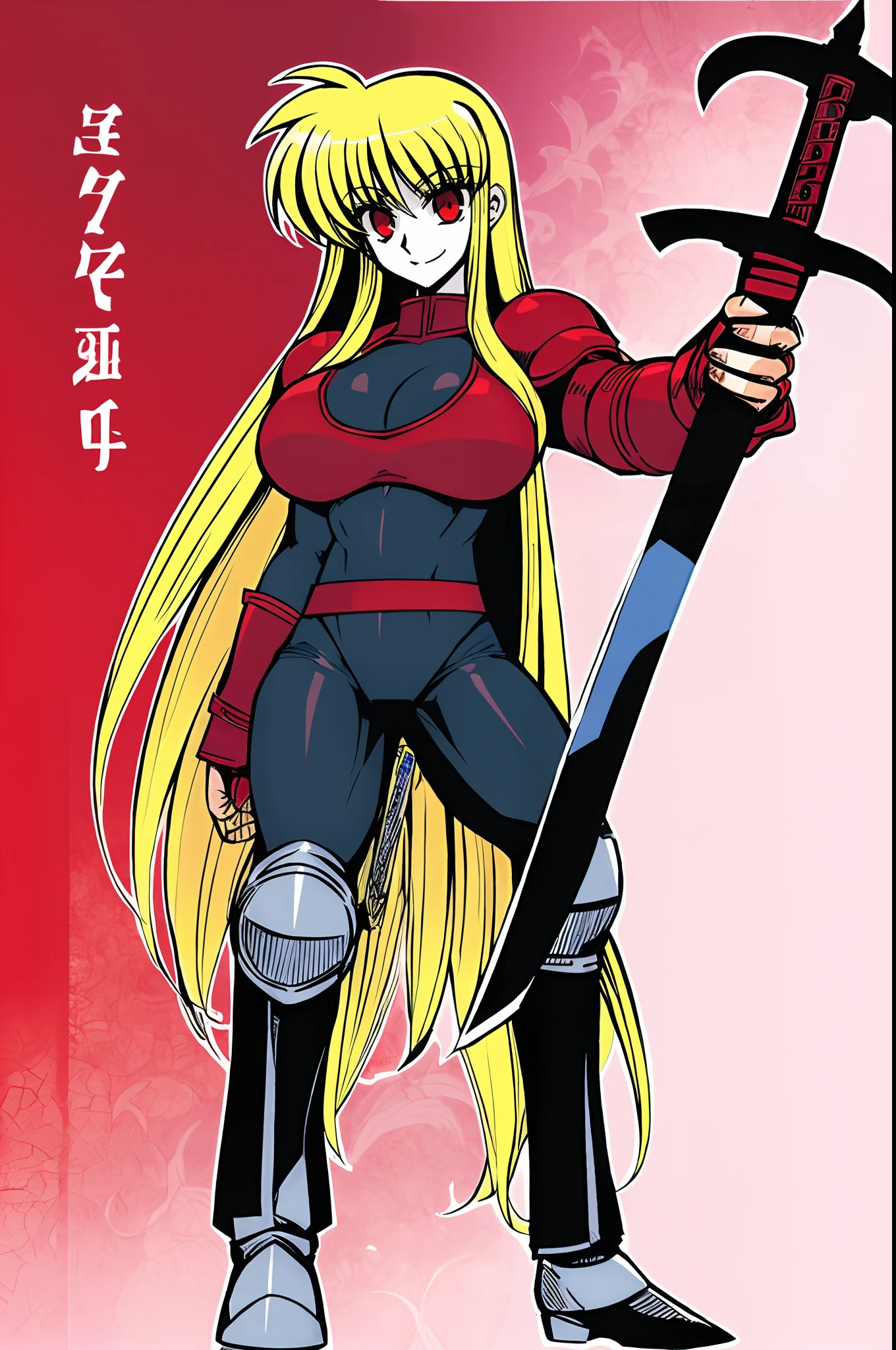 (masterpiece, best quality, 4k, 1girlsolo, 1MILF, mmplatz, smile, red cheeks, plain background:1.2) perfect face, perfect lighting, mature whsororitas with gloves red gauntlets in her hands like Cammy White from Street Fighter, bob white hair, warhammer 40k power armor suit with loincloth, red eyes like rubies, full body RED armor, view from below, looking to the viewer, arms to the sides empty hands, RED military boots, silver skull ornament attached to crossing 2 belt wide hips, 2 long legs
