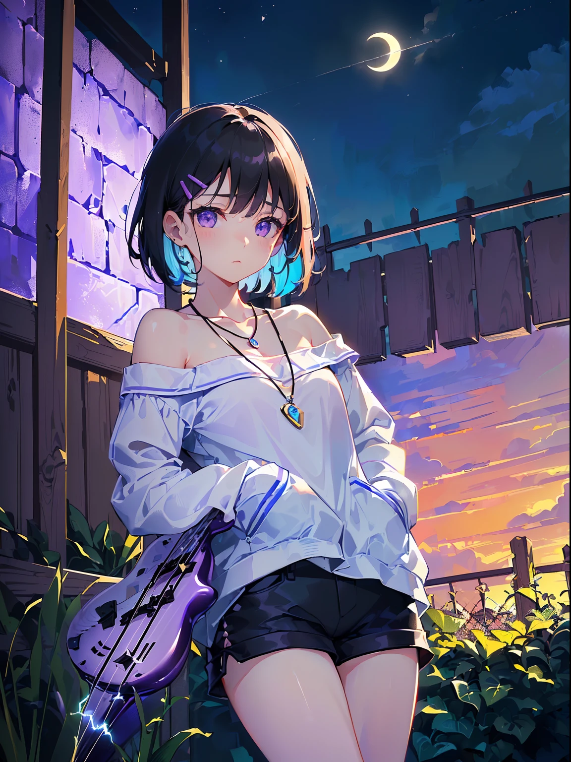 ((((carrying electric bass on back,))))((hands in pockets,))(Masterpiece illustration,Beautiful and aesthetic:1.2,aim to viewers,from below), Best quality,Top quality, Epic quality,((((Fence wall,violet,outdoor,))))(moonlight,moon glare, god light,))Neat face,underage,mature,Beautiful detailed hair,black hair,hyper HD, retinas, Textured skin, A high resolution, 16k ,((hairclip,steep bangs,sidelocks,short hair,Large bow on hair)),Detailed face, 1JK, lady,Solo, Perfect face, Very amazing girl,((off shoulder,long sleeves,blue streaked white t-shirt,frills,short shorts,ruby necklace)),rim-light