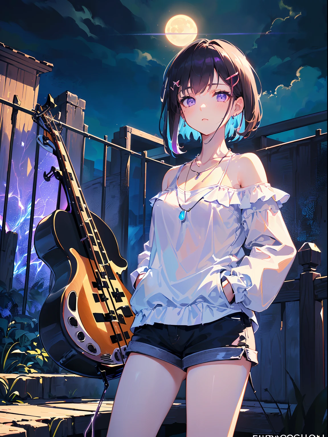 ((((carrying a electric bass,))))((hands in pockets,))(Masterpiece illustration,Beautiful and aesthetic:1.2,aim to viewers,from below), Best quality,Top quality, Epic quality,((((Fence wall,violet,outdoor,))))(moonlight,moon glare, god light,))Neat face,underage,mature,Beautiful detailed hair,black hair,hyper HD, retinas, Textured skin, A high resolution, 16k ,((hairclip,steep bangs,sidelocks,short hair,Large bow on hair)),Detailed face, 1JK, lady,Solo, Perfect face, Very amazing girl,((off shoulder,long sleeves,blue streaked white t-shirt,frills,short shorts,ruby necklace)),rim-light