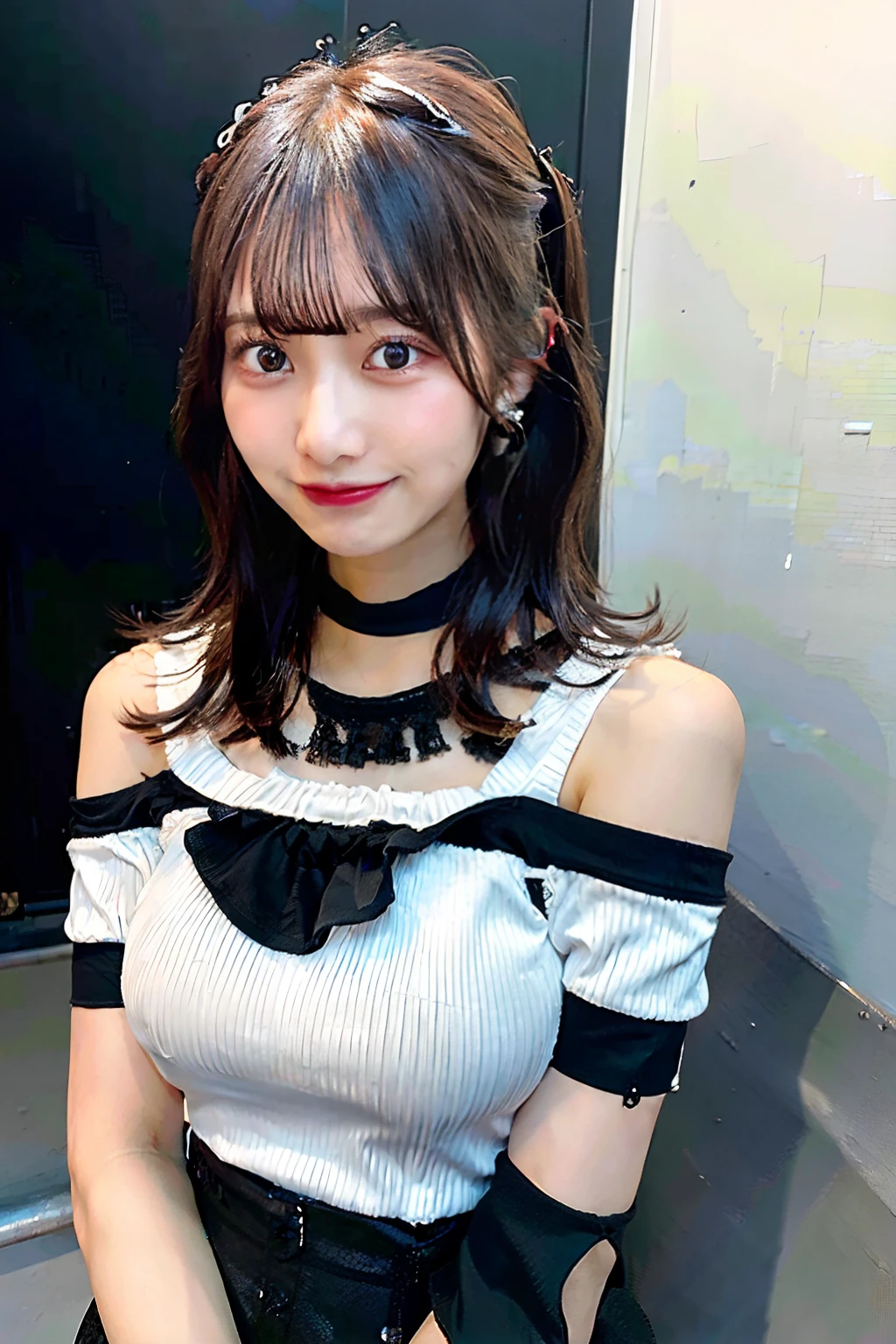 best quality, ultra high res, (photorealistic:1.4), 1girl, off-shoulder white shirt, black tight skirt, black choker, (faded ash gray hair:1), (huge breasts:1.2), looking at viewer, closeup ,