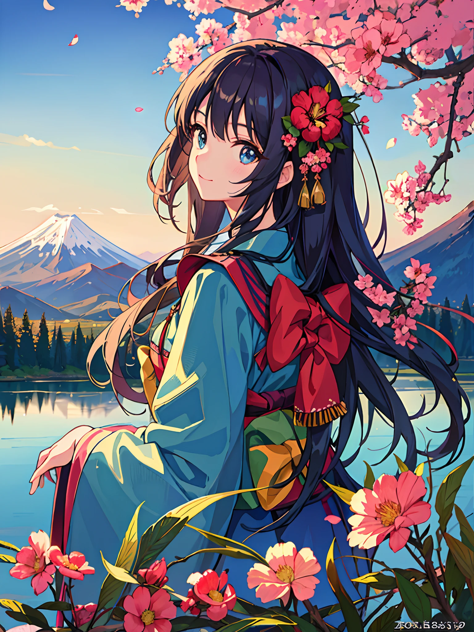 best quality, masterpiece, extremely detailed, detailed background, detailed eyes, anime, 1girl, beautiful eyes, young girl, long hair girl, expressive face, kimono, retro, mount fuji lansdscape, outdoors, sunset, beautiful sky, lake picnic, landscape, scenery, horizon, mountain sitting near mountain, wind, flower petal, spring, looking away, atmospheric lighting, reflection, naturalistic, detail, realism. relaxation, beauty, solo focus, close up, from side, depth of field, bokeh