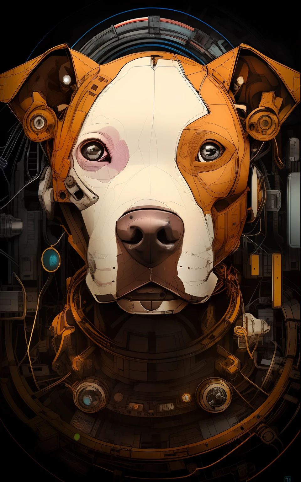 there is a dog with a helmet on and a head of wires, cyborg - pitbull, cyborg dog, symmetry!! portrait of cyborg, cyborg - pitbull taking a selfie, stunning digital illustration, highly detailed vector art, highly detailed digital artwork, cyborg portrait, medical mecha canine, detailed portrait of a cyborg, hyper detailed digital art, incredible digital art, detailed vectorart