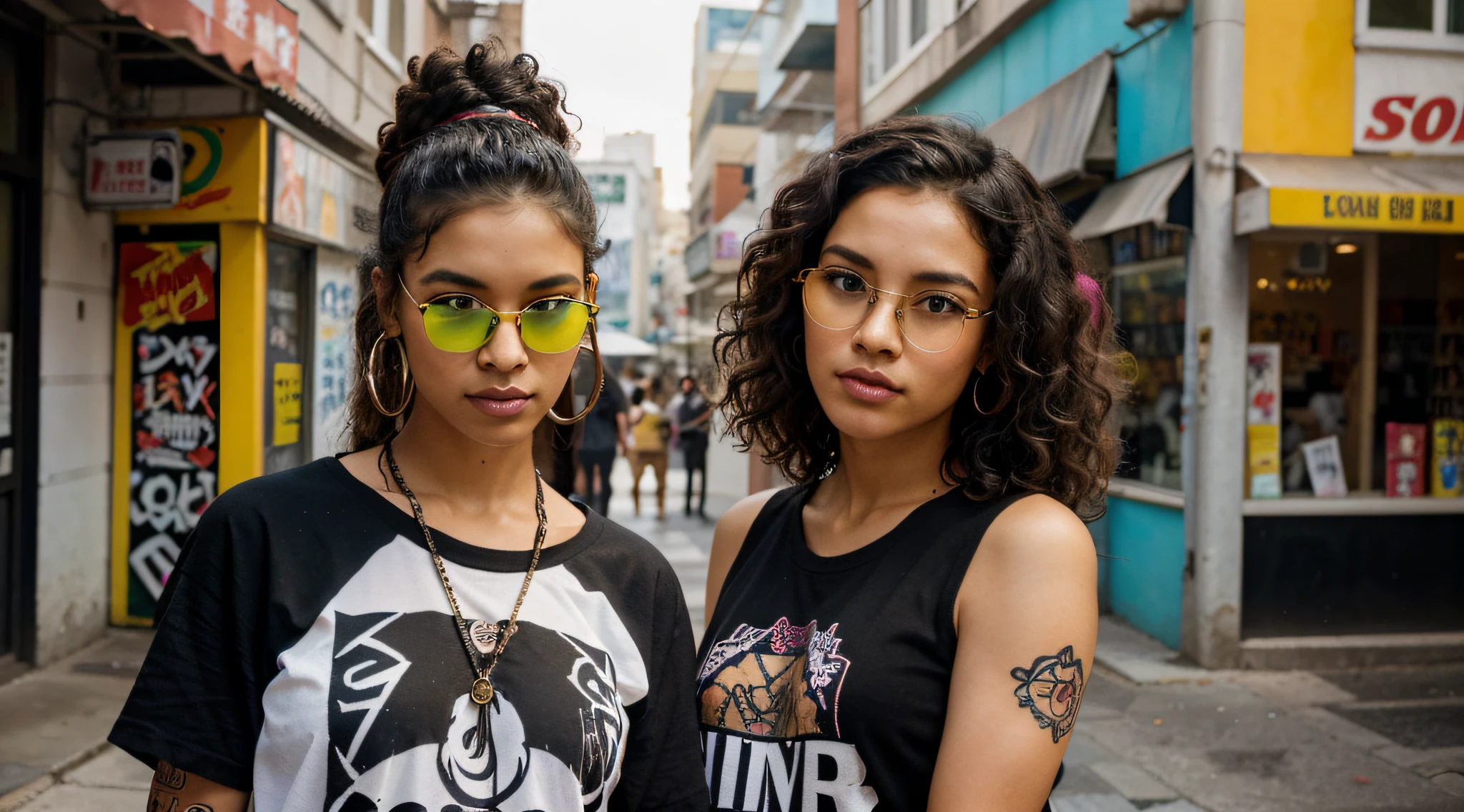 Generate an image of a 25-year-old Brazilian woman with a light complexion and distinct Latino facial features. Focus on creating realistic, textured, and curly hair. Adorn her with vibrant, colorful tribal Chinese tattoos that stand out against her skin. Style her hair in a natural, curly fashion, reflecting her Afro-Brazilian heritage. Dress her in bold, black t-shirts with neon designs for an urban and punk-inspired look. Situate her in an environment filled with dynamic street art, murals, and graffiti, complementing the edgy aesthetic. Incorporate piercings and stylish eyewear to enhance her modern and individual expression. Ensure the image captures a harmonious fusion of cultural influences, urban flair, and personal style, with a particular emphasis on the curly hairstyle.