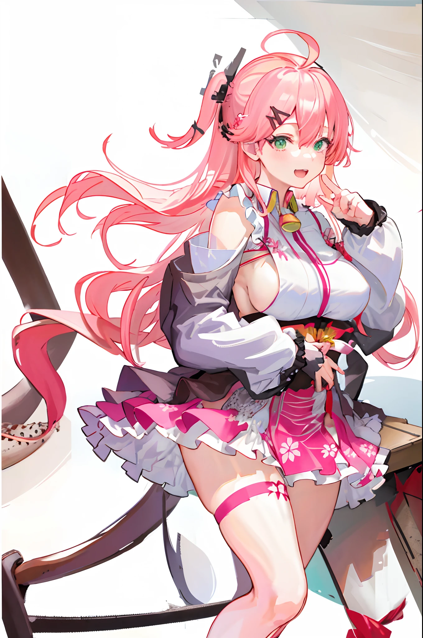 masterpiece, best quality, highres, miko1, sakura_miko, 1girl, medium_boobs, solo, ahoge, x_hair_ornament, pink_hair, floral print, hairclip,(side_less_clothes:1.5), (side_boobs:1.5), hair_bell, floral print, long_hair, hair between eyes, one side up, white thighhighs, asymmetrical legwear, wide sleeves, open_mouth,(happy:1.3),green_eyes,big_smile,(raise_leg:1.3),plump,apart_legs,(overly_long_sleeves:1.3),),sleeves_past_wrists,hands_hidden_sleeves,sidelock_clothes,solo,hidden_wrists,(XD:1.5),covered_nipples,plump,sunlight,(bare_flank:1.3)