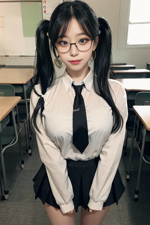 8K RAW photo, high resolution, 21 year old cool Korean, big round breasts, school uniform, tie, tie ribbon, blazer, skirt, beautiful eyes in detail, long eyelashes, beautiful double eyelids, eye shadow, slit eyes, sanpaku eyes, dark eye makeup, evil smile, beautiful thin legs, black hair, double two twintails, round, earrings, school classroom, geek glasses,