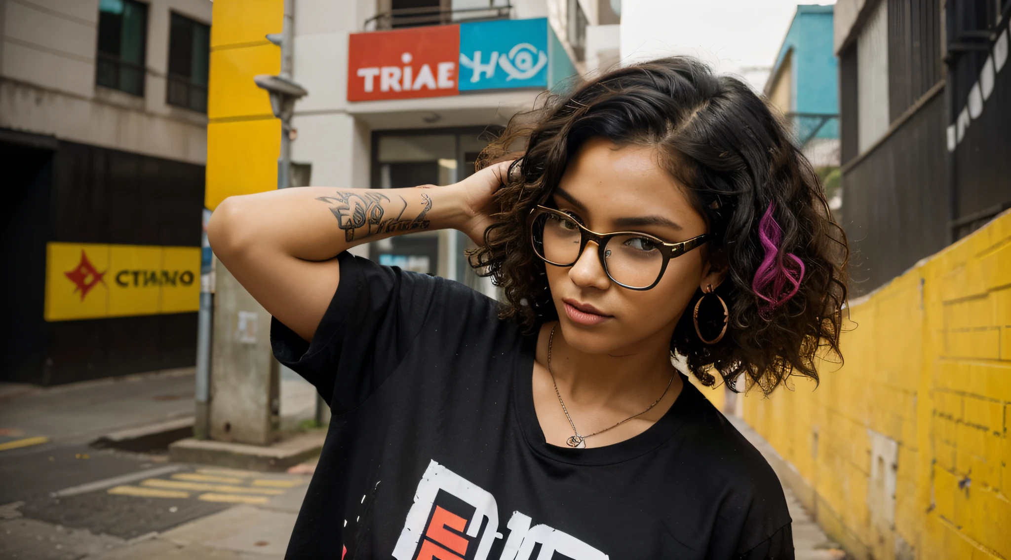 Generate an image of a 25-year-old Brazilian woman with a light complexion and distinct Latino facial features. Focus on creating realistic, textured, and curly hair. Adorn her with vibrant, colorful tribal Chinese tattoos that stand out against her skin. Style her hair in a natural, curly fashion, reflecting her Afro-Brazilian heritage. Dress her in bold, black t-shirts with neon designs for an urban and punk-inspired look. Situate her in an environment filled with dynamic street art, murals, and graffiti, complementing the edgy aesthetic. Incorporate piercings and stylish eyewear to enhance her modern and individual expression. Ensure the image captures a harmonious fusion of cultural influences, urban flair, and personal style, with a particular emphasis on the curly hairstyle.