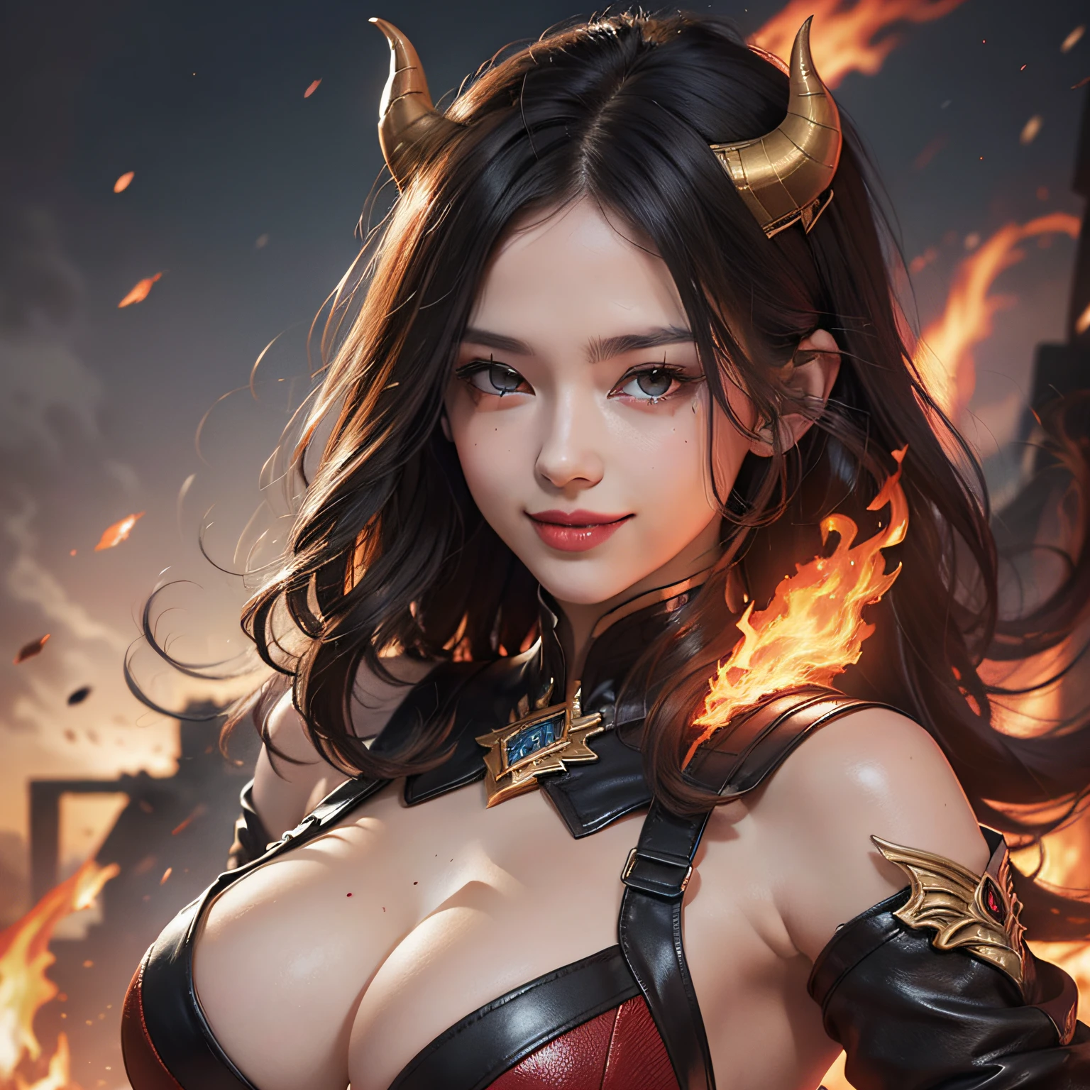demon girl, fire, perfect face, black hair, flashes of fire, lightning, night, raging flames, ruins, soaring, ((sexy outfit)), dynamic lighting, high detail, complex background, clarity. high quality 4k, (red horns), powerful woman, (looking on the viewer), (((sexy smile)))