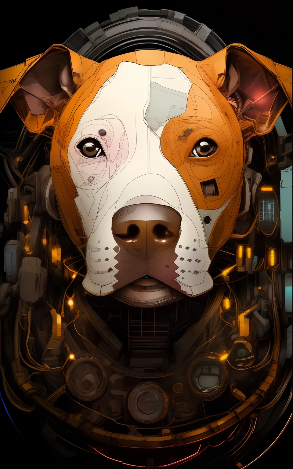 there is a dog with a helmet on and a head of wires, cyborg - pitbull, cyborg dog, symmetry!! portrait of cyborg, cyborg - pitbull taking a selfie, stunning digital illustration, highly detailed vector art, highly detailed digital artwork, cyborg portrait, medical mecha canine, detailed portrait of a cyborg, hyper detailed digital art, incredible digital art, detailed vectorart