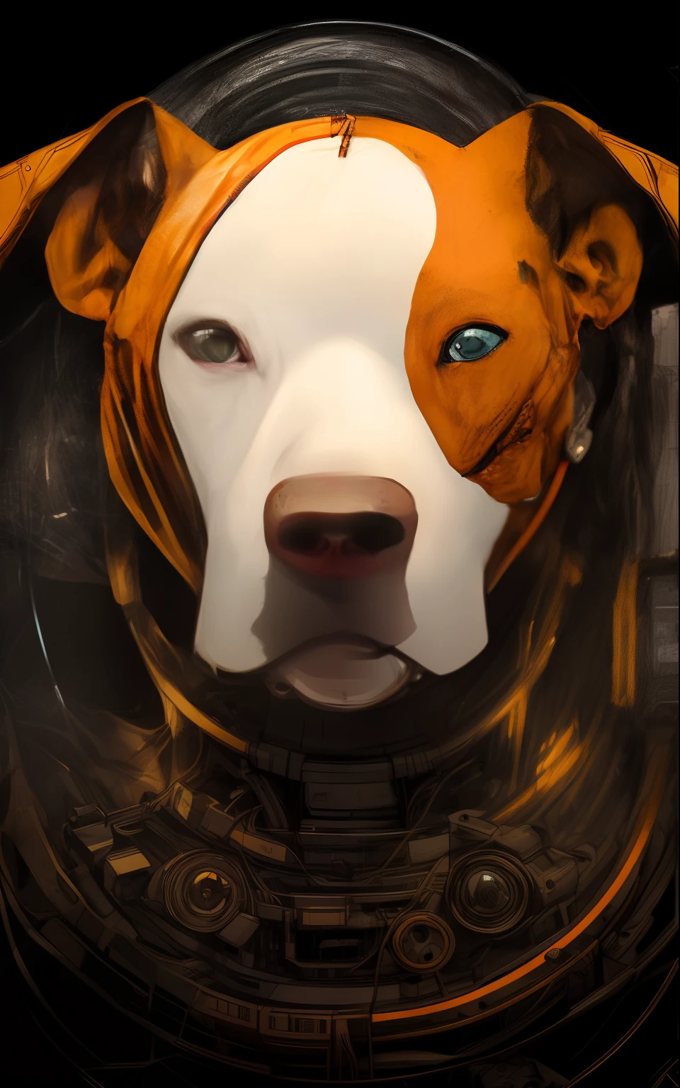 there is a dog with a helmet on and a head of wires, cyborg - pitbull, cyborg dog, symmetry!! portrait of cyborg, cyborg - pitbull taking a selfie, stunning digital illustration, highly detailed vector art, highly detailed digital artwork, cyborg portrait, medical mecha canine, detailed portrait of a cyborg, hyper detailed digital art, incredible digital art, detailed vectorart