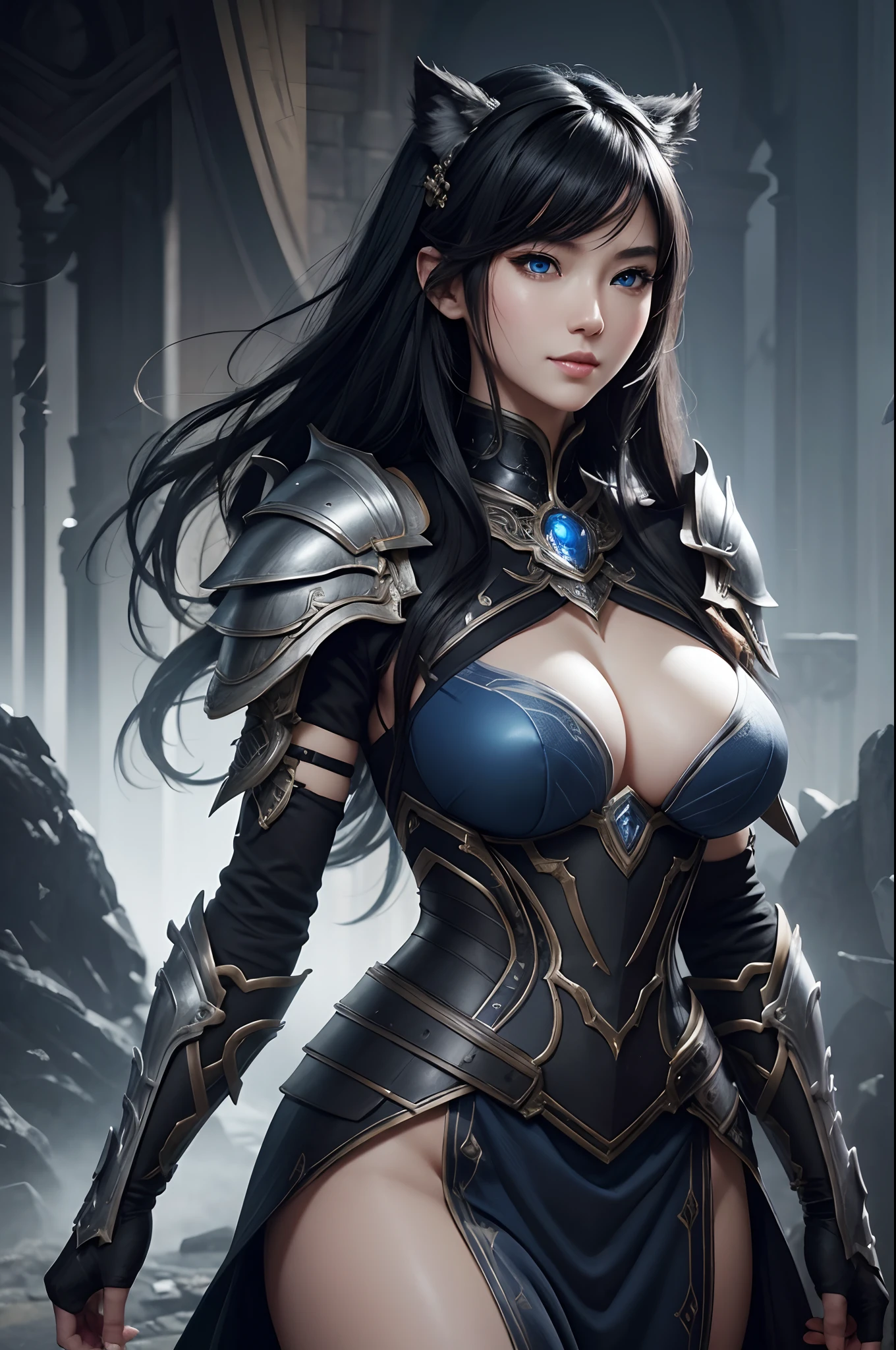 8K,Close-up of a woman in a black and white dress、Dark hair、 Human-wolf,Super beauty,(Lifelike)Blue eyes,,Chengwei Pan on Artstation、 Yang J 作、 Intricate fantasy art、Stunning character art、 Fanart Meilleure ArtStation、 Magnificent and elaborate character art、 Maid's Armor、Highly detailed artgerm、 Detailed Digital Animation Art、 ArtGerm on ArtStation Pixiv、 Girl in armor、dynamic ungle、超A high resolution、a smile、real looking skin、魅惑的、A sexy、active、