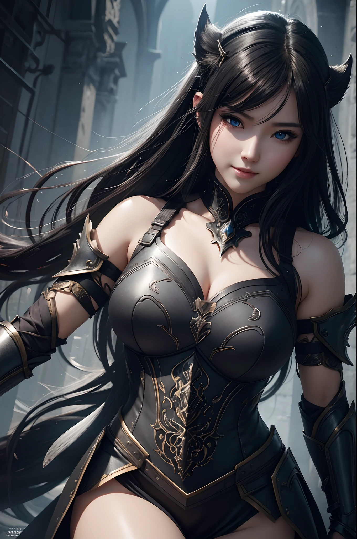 8K,Close-up of a woman in a black and white dress、Dark hair、Werewolf with small breasts,Super beauty,(Lifelike)Blue eyes,,Chengwei Pan on Artstation、 Yang J 作、 Intricate fantasy art、Stunning character art、 Fanart Meilleure ArtStation、 Magnificent and elaborate character art、 Maid's Armor、Highly detailed artgerm、 Detailed Digital Animation Art、 ArtGerm on ArtStation Pixiv、 Girl in armor、dynamic ungle、超A high resolution、a smile、real looking skin、魅惑的、A sexy、active、
