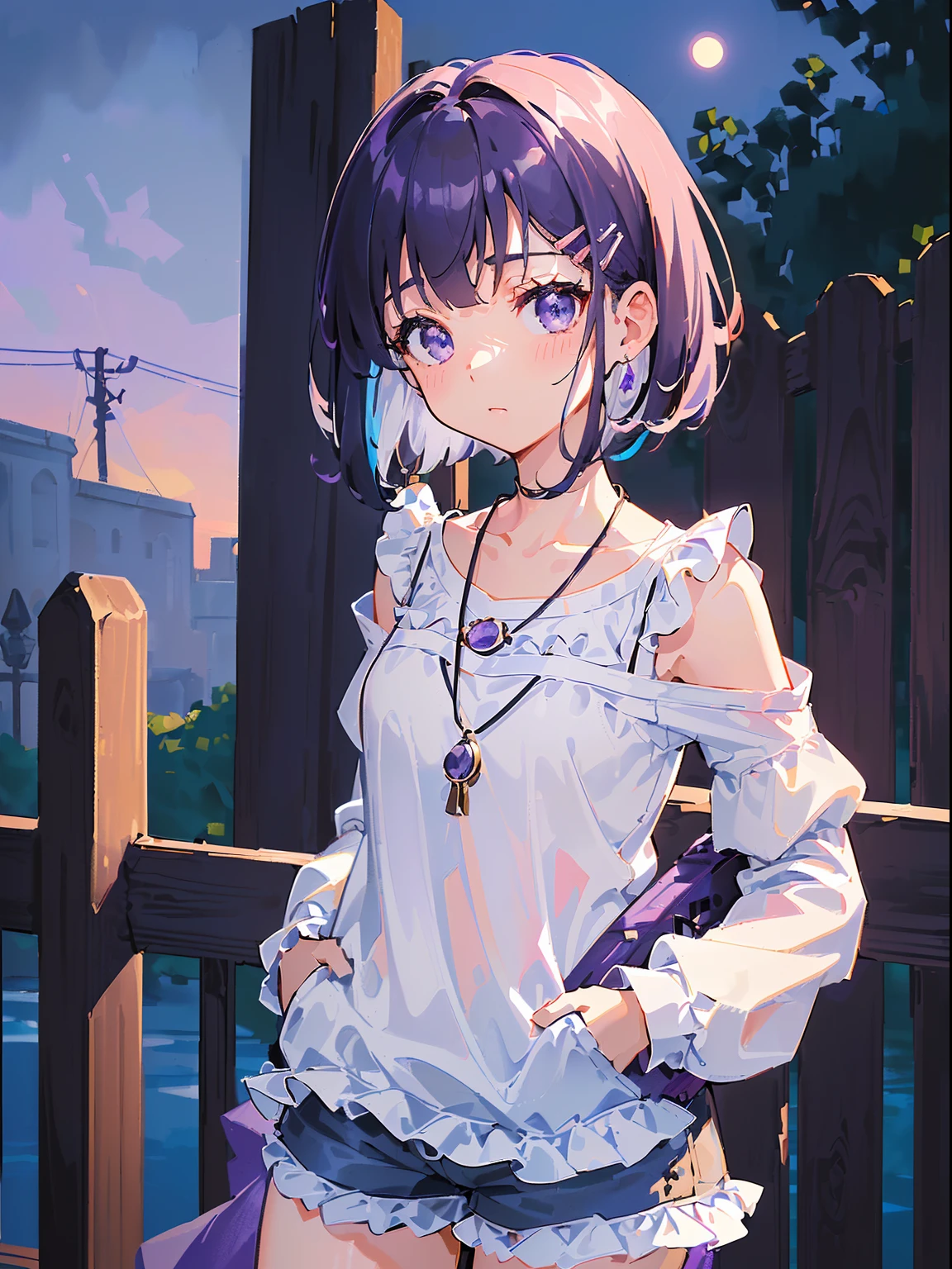 ((((carrying a bass,))))((hands in pockets,))(Masterpiece illustration,Beautiful and aesthetic:1.2,aim to viewers,from below), Best quality,Top quality, Epic quality,((((Fence wall,violet,outdoor,))))(moonlight,moon glare, god light,))Neat face,underage,mature,Beautiful detailed hair,black hair,hyper HD, retinas, Textured skin, A high resolution, 16k ,((hairclip,steep bangs,sidelocks,short hair,Large bow on hair)),Detailed face, 1JK, lady,Solo, Perfect face, Very amazing girl,((off shoulder,long sleeves,blue streaked white t-shirt,frills,short shorts,ruby necklace)),rim-light