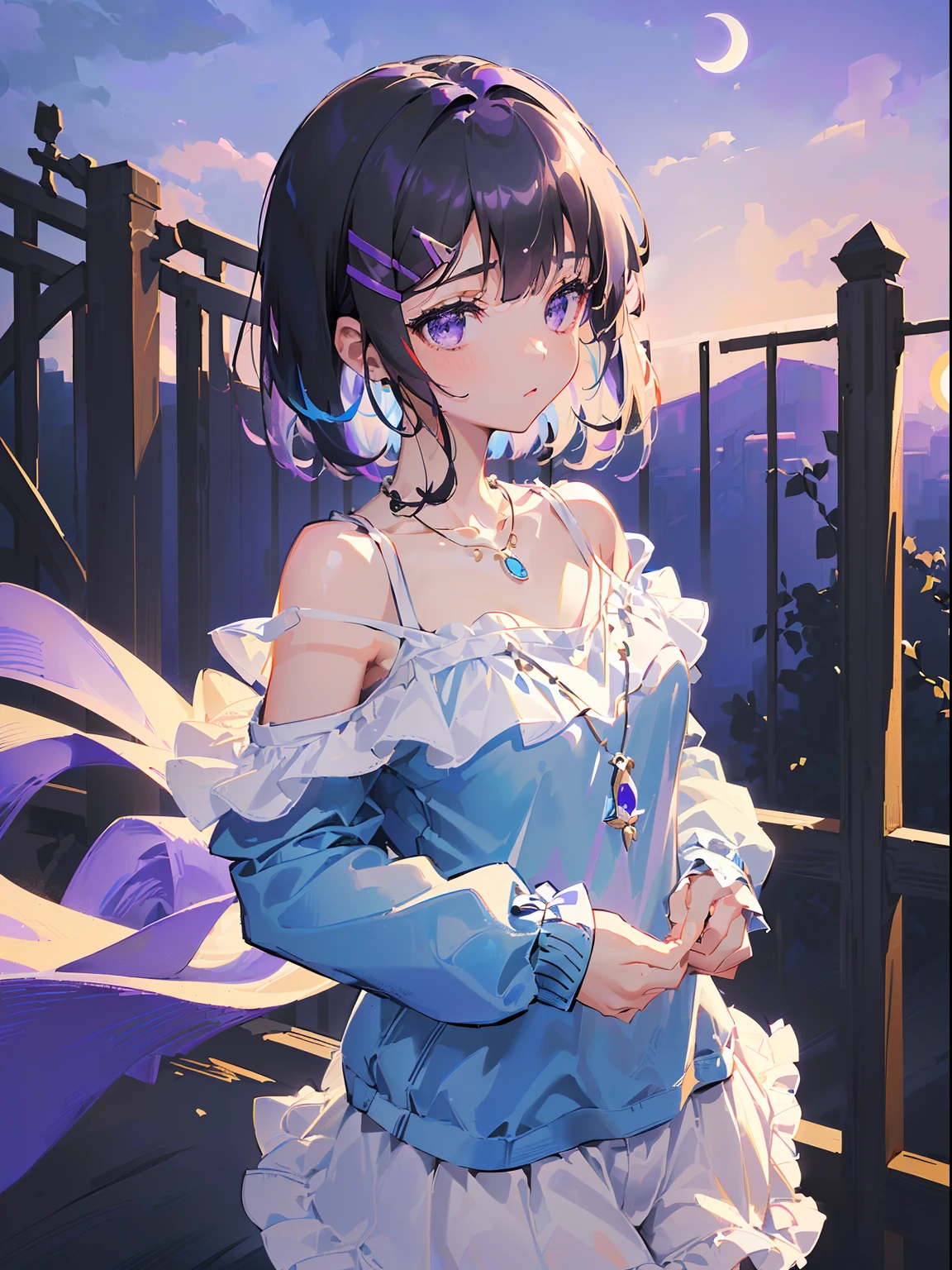 ((((carrying a bass,))))((hands in pockets,))(Masterpiece illustration,Beautiful and aesthetic:1.2,aim to viewers,from below), Best quality,Top quality, Epic quality,((((Fence wall,violet,outdoor,))))(moonlight,moon glare, god light,))Neat face,underage,mature,Beautiful detailed hair,black hair,hyper HD, retinas, Textured skin, A high resolution, 16k ,((hairclip,steep bangs,sidelocks,short hair,Large bow on hair)),Detailed face, 1JK, lady,Solo, Perfect face, Very amazing girl,((off shoulder,long sleeves,blue streaked white t-shirt,frills,short shorts,ruby necklace)),rim-light