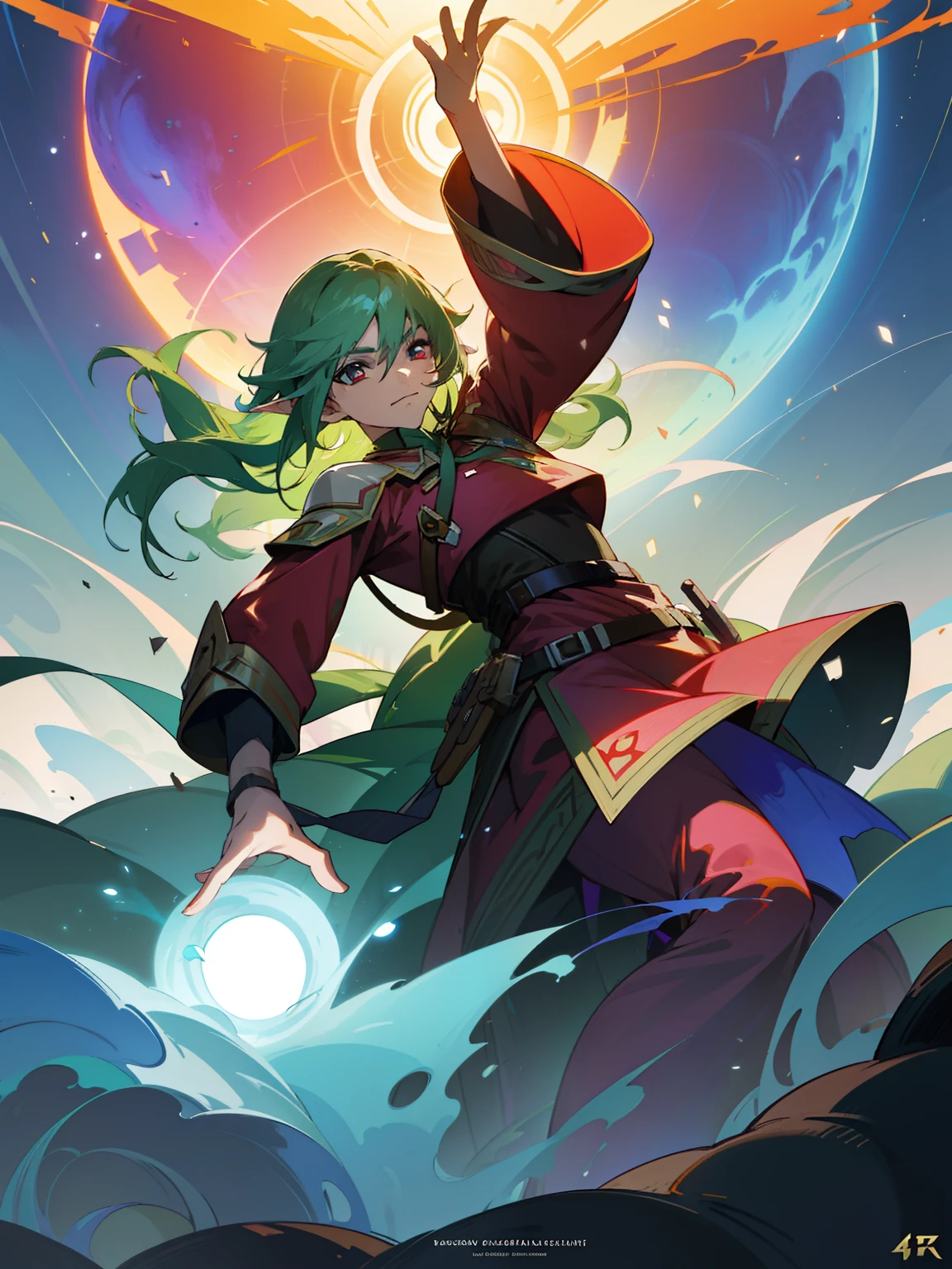 a painting that represents the essence of magic in your world, showing the green-haired, red-eyed protagonist, a 40 years old masculine elf with long ears, hair shoulders-long, adult, with a mystical red-pink portal generated in front of him in the air like a hole in the sky, futuristic blue and red clothes, elaborate clothes, pink magic, in a cascade of magical energy, with glowing particles dancing around him and with a quarterstaff with a circle in the end generate ankther portal, masterpiece, best quality, ultra-detailed, illustration, 8k resolution concept art, fantasy art, epic art, concept art wallpaper 4k, deep color, natural lighting, detailled face, perfect face