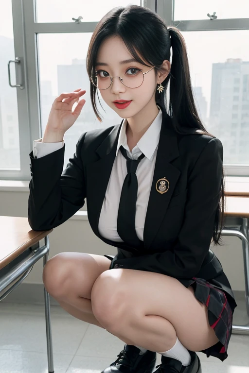 8K RAW photo, high resolution, ful body pics, 21 year old cool Korean, big round breasts, school uniform, tie, tie ribbon, blazer, skirt, beautiful eyes in detail, long eyelashes, beautiful double eyelids, eye shadow, slit eyes, sanpaku eyes, dark eye makeup, smile, lauch, open mouch, beautiful thin legs, black hair, double two twintails, round, earrings, school classroom, geek glasses, squat, black pantyhose, panties,