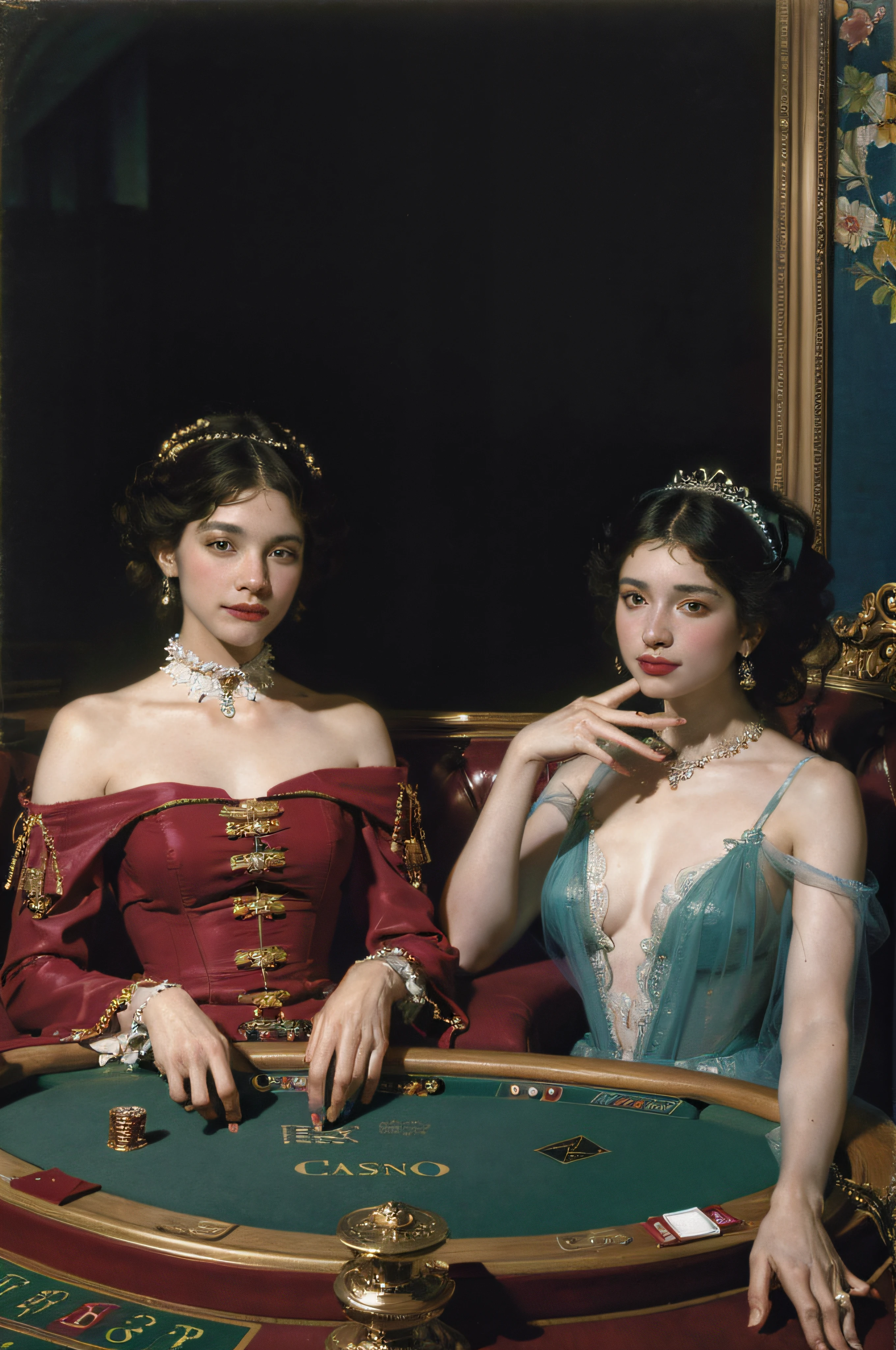 (best quality,highres:1.2),ultra-detailed,realistic,(portraits:1.1),vivid colors,(19th century:1.1),two very beautiful lesbian women who are lovers,(translucent casino suits),(fashionable:1.1),sitting with elegance,(roulette table:1.1)