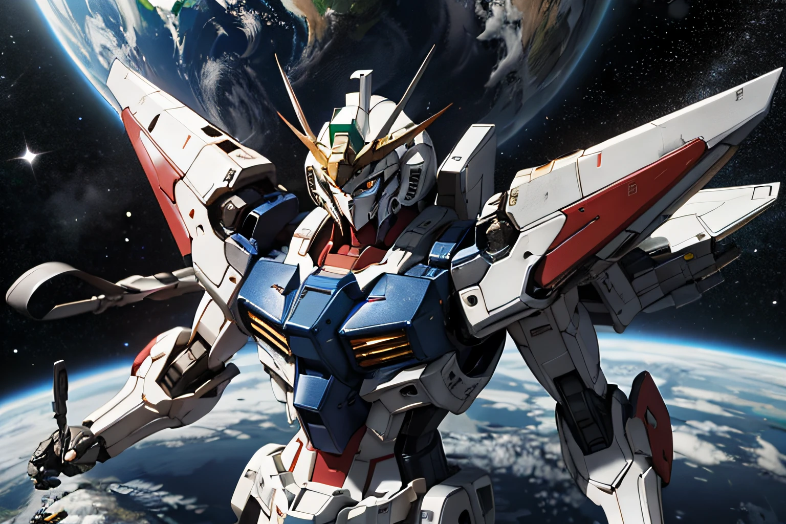 Mobile Suit Gundam with an all-silver metallic body、Red trim on the body、Fly in outer space。Earth with stars on background、