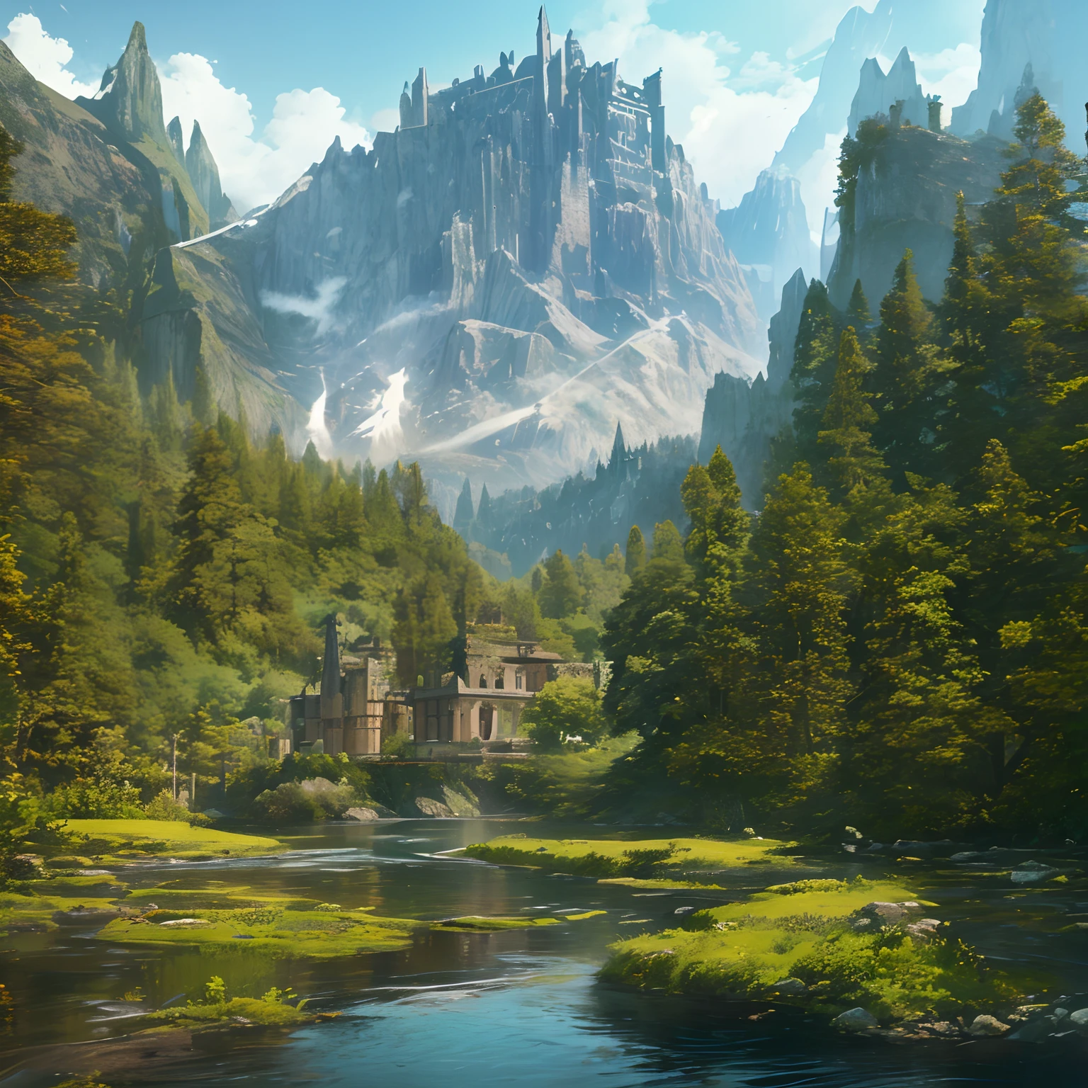 lake water，Lake Island，ln the forest，The tall castle on the island，High mountains in the background，vale，rios，mito，legends，mistic，suspended bridge，medieval，Ancient，Fantastical，Masonry castle，the tower，moat，，snow mountains，modest，Solemn，BaroqueAI，gotik，farm land，amber，Eau，The woods are realistic，Lots of detail，Movie light，Tall white walls，Rich and prosperous