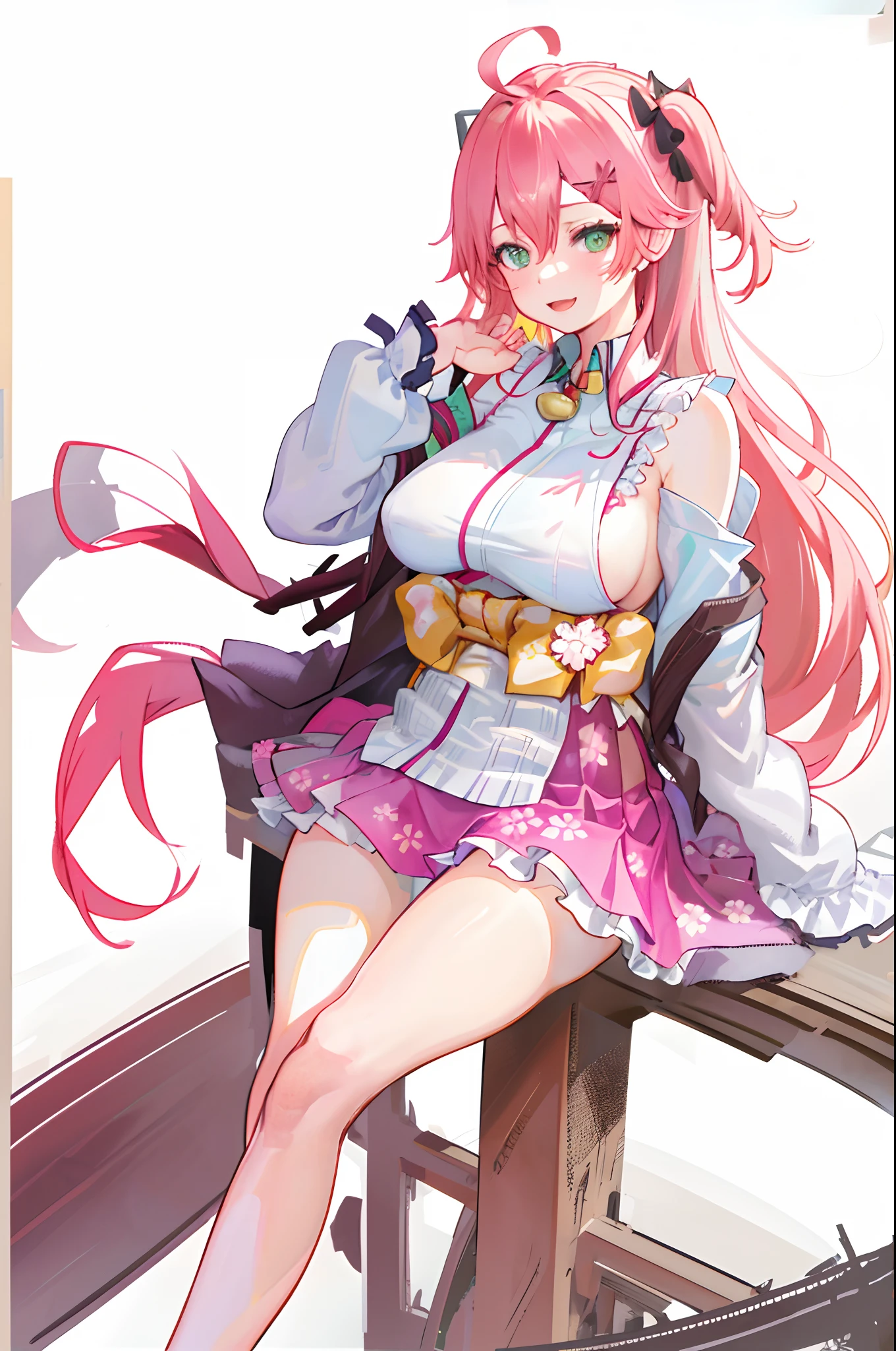 masterpiece, best quality, highres, miko1, sakura_miko, 1girl, medium_boobs, solo, ahoge, x_hair_ornament, pink_hair, floral print, hairclip,(side_less_clothes:1.5), (side_boobs:1.5), hair_bell, floral print, long_hair, hair between eyes, one side up, white thighhighs, asymmetrical legwear, wide sleeves, open_mouth,(happy:1.3),green_eyes,big_smile,(raise_leg:1.3),plump,apart_legs,(overly_long_sleeves:1.3),),sleeves_past_wrists,hands_hidden_sleeves,sidelock_clothes,solo,hidden_wrists,(XD:1.5),covered_nipples,plump,sunlight,(bare_flank:1.3)