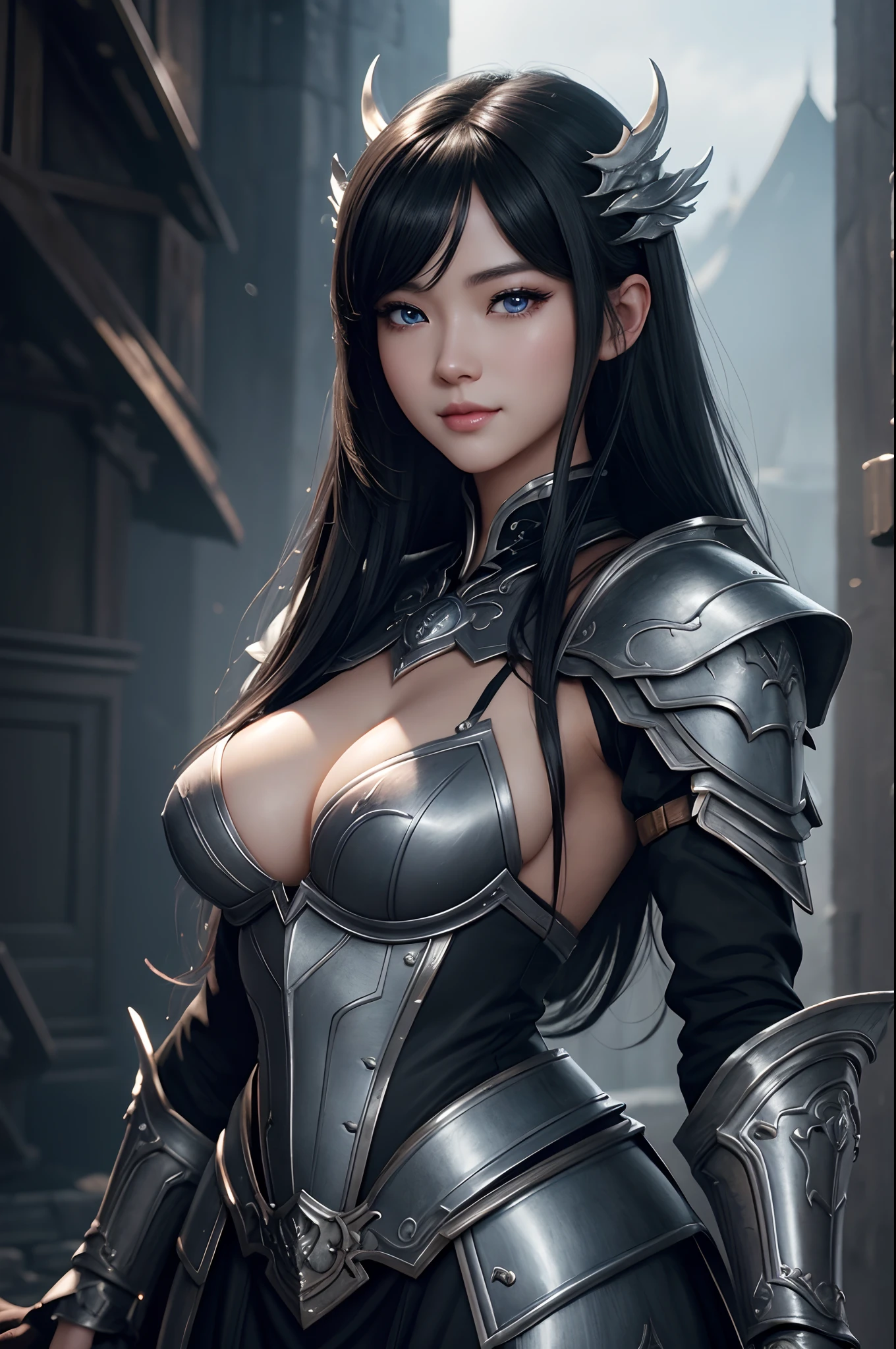 8K,Close-up of a woman in a black and white dress、Dark hair、Werewolf with small breasts,Super beauty,(Lifelike)Blue eyes,,Chengwei Pan on Artstation、 Yang J 作、 Intricate fantasy art、Stunning character art、 Fanart Meilleure ArtStation、 Magnificent and elaborate character art、 Maid's Armor、Highly detailed artgerm、 Detailed Digital Animation Art、 ArtGerm on ArtStation Pixiv、 Girl in armor、dynamic ungle、超A high resolution、a smile、real looking skin、魅惑的、A sexy、active、