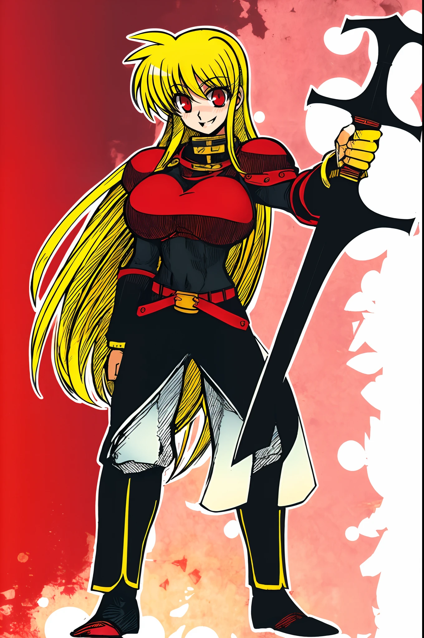 fate testarossa,magic blade, mahou shoujo lyrical nanoha, full body, large breasts, medieval, blonde hair, red eyes black clothes, warrior, pants, medieval clothing, medieval fantasy, holding up blade,smile