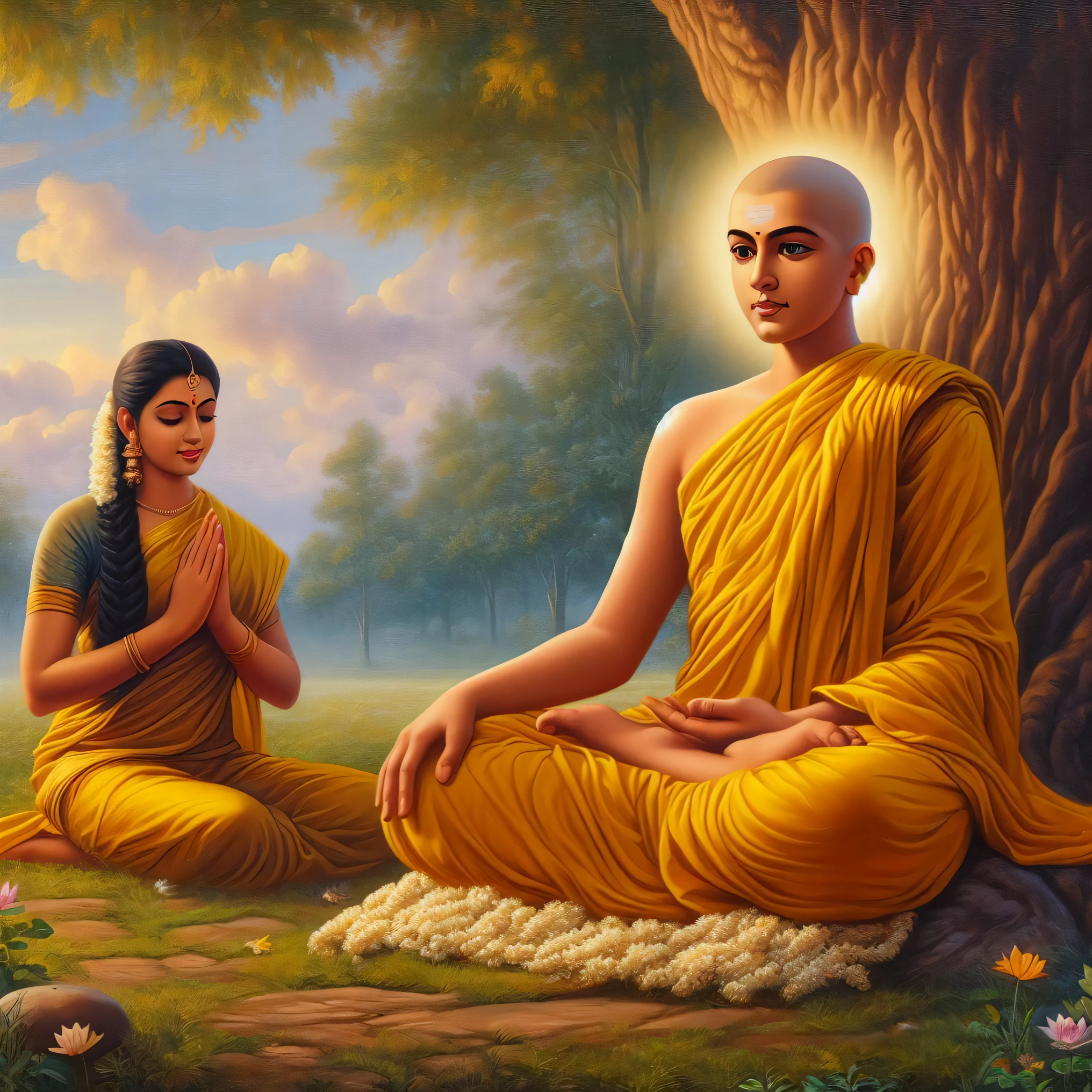 a painting of a woman sitting in front of a buddha, buddhism, on path to enlightenment, on the path to enlightenment, hindu stages of meditation, love of wisdom, buddhist, karma sutra, calmly conversing 8k, ashoka tano, monk meditate, samsara, spiritual enlightenment, enlightenment, sharandula, beautiful depiction, samadhi