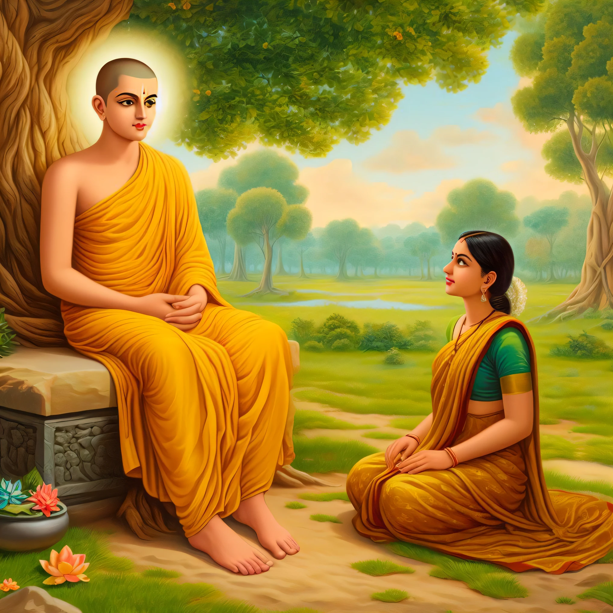 painting of a monk and a woman sitting in a field, buddhist, buddhism, samsara, buddha, sharandula, yellow robes, the buddha, hindu stages of meditation, buddhist art, monk meditate, on path to enlightenment, meditation, padmasana, sukhasana, hindu art, beautiful depiction, on the path to enlightenment, ashoka tano