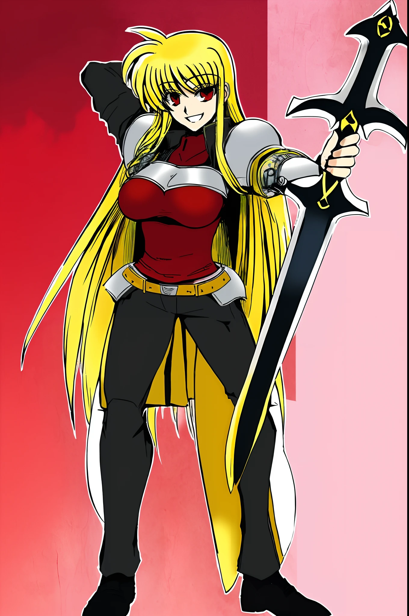 fate testarossa,magic blade, mahou shoujo lyrical nanoha, full body, large breasts, medieval, blonde hair, red eyes black clothes, warrior, pants, medieval clothing, medieval fantasy, holding up blade,smile