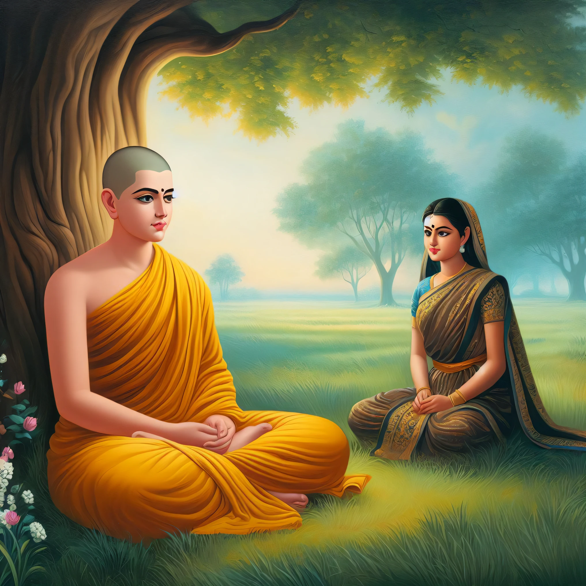 painting of a monk and a woman sitting under a tree, buddhist, buddhism, buddha, samsara, sukhasana, buddhist art, the buddha, samadhi, padmasana, hindu art, monk meditate, meditation, hindu stages of meditation, lotus, beautiful depiction, karma sutra, sharandula, monk clothes, nirvana, on path to enlightenment