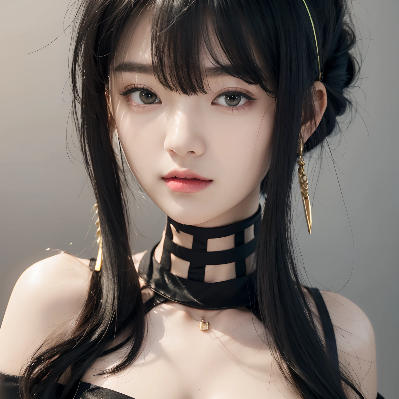 top-quality, 8K, ultra-detailliert, Photorealsitic, Yol･Forger, Spy Family, (1girll:1.3), (Black Dress:1.3), Yellow headband, black-green hair, White headband, Hair UP, red pupils