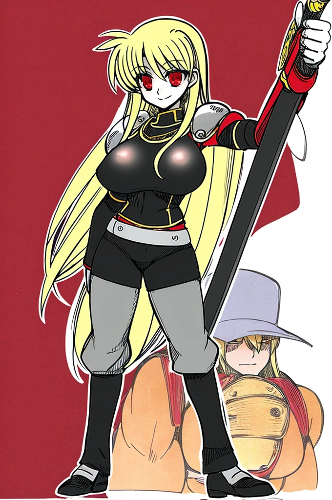 fate testarossa,magic blade, mahou shoujo lyrical nanoha, full body, large breasts, medieval, blonde hair, red eyes black clothes, warrior, pants, medieval clothing, medieval fantasy, holding up blade,smile