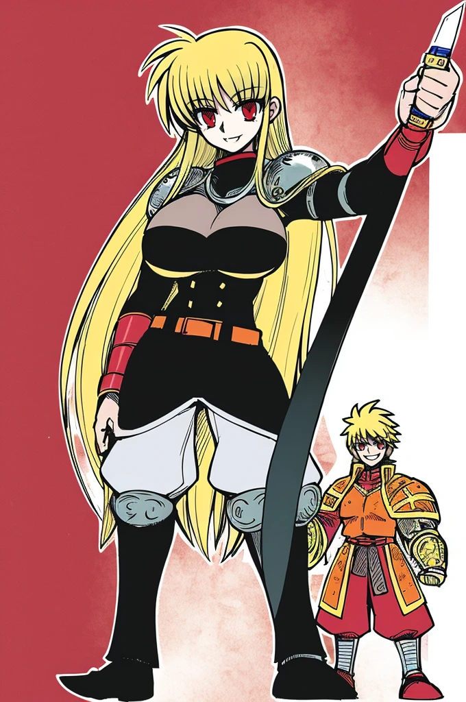 fate testarossa,magic blade, mahou shoujo lyrical nanoha, full body, large breasts, medieval, blonde hair, red eyes black clothes, warrior, pants, medieval clothing, medieval fantasy, holding up blade,smile