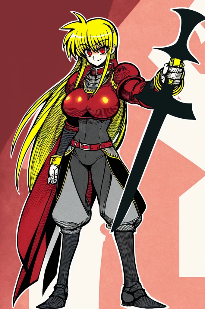 fate testarossa,magic blade, mahou shoujo lyrical nanoha, full body, large breasts, medieval, blonde hair, red eyes black clothes, warrior, pants, medieval clothing, medieval fantasy, holding up blade,smile