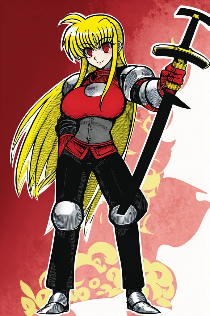 fate testarossa,magic blade, mahou shoujo lyrical nanoha, full body, large breasts, medieval, blonde hair, red eyes black clothes, warrior, pants, medieval clothing, medieval fantasy, holding up blade,smile