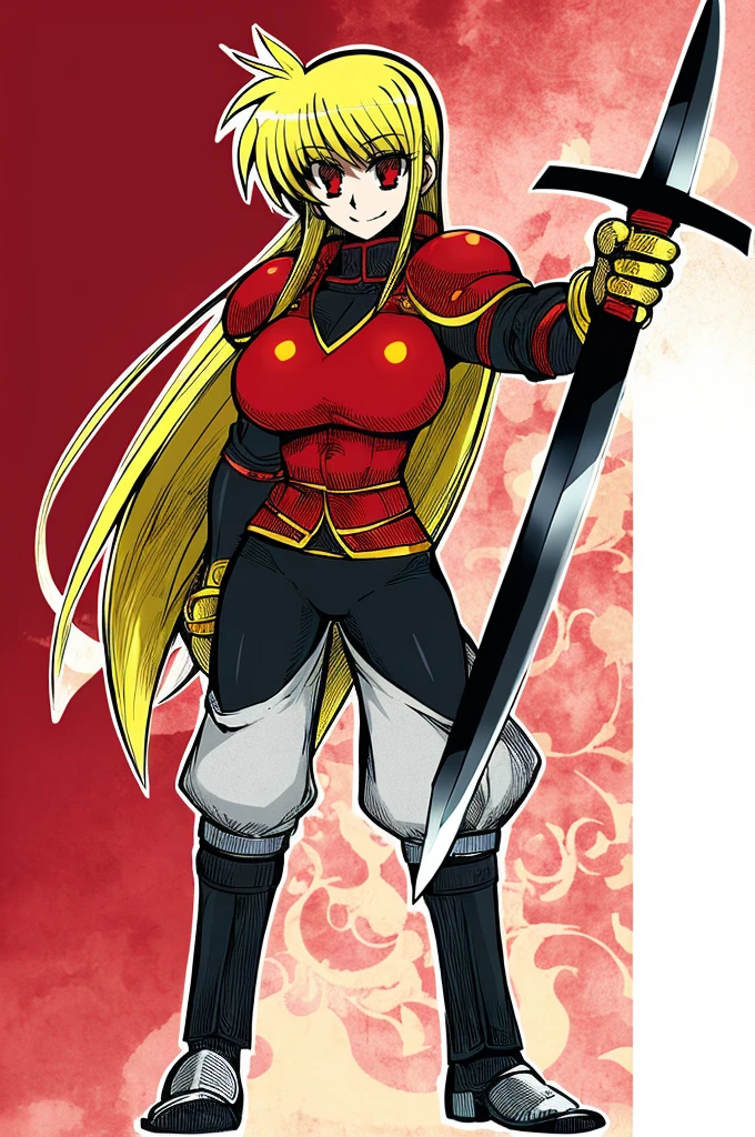 fate testarossa,magic blade, mahou shoujo lyrical nanoha, full body, large breasts, medieval, blonde hair, red eyes black clothes, warrior, pants, medieval clothing, medieval fantasy, holding up blade,smile