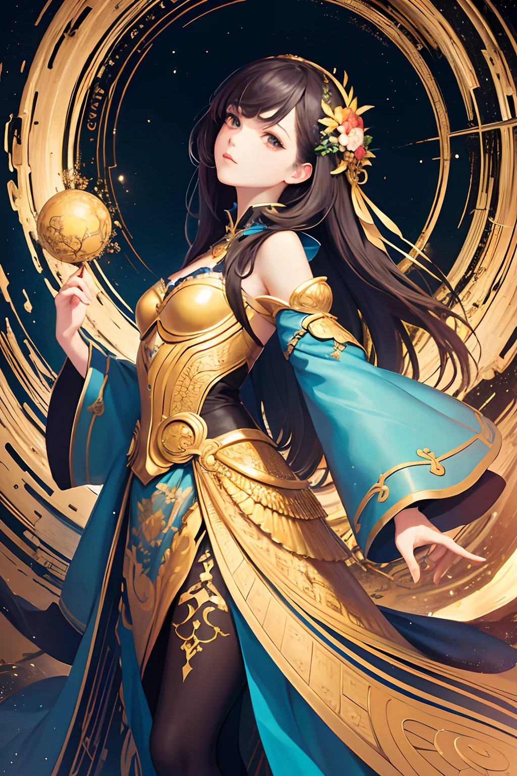(Masterpiece: 1.2, Best Quality), (Very Detailed Face, Real Pictures, Realistic Skin, Realistic Body, Intricate Details), (High Quality), (Watercolor: 1.3), Pretty Girl, Brunette Hair, Bun All Coiled High, Green-Gold-Purple Blouse, Fringed and Gold Ornaments, Wide Armband with Gold Pattern on the Arm, Red Silk with Armband, Flying in the Wind, Red and Yellow Long Dress Embroidered with Colorful Patterns, Gorgeous Belt Made of Various Gold Ornaments and Tassel Gemstones, Decoration, Dunhuang Style, Dunhuang Mogao Grottoes, Watercolor Style