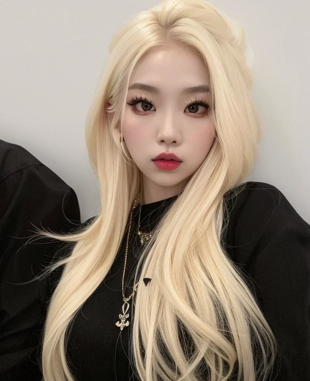 um Close up de uma mulher com longos cabelos loiros e um colar, ava max, very very pale blond hair, Sakimichan, maquiagem sul-coreana popular, Jinyoung Canela, TaeJune Kim, longos cabelos loiros e olhos grandes, Heonhwa Choe, extremely pale blond hair, Cl, cruel korean goth girl, Ulzzang, menina coreana