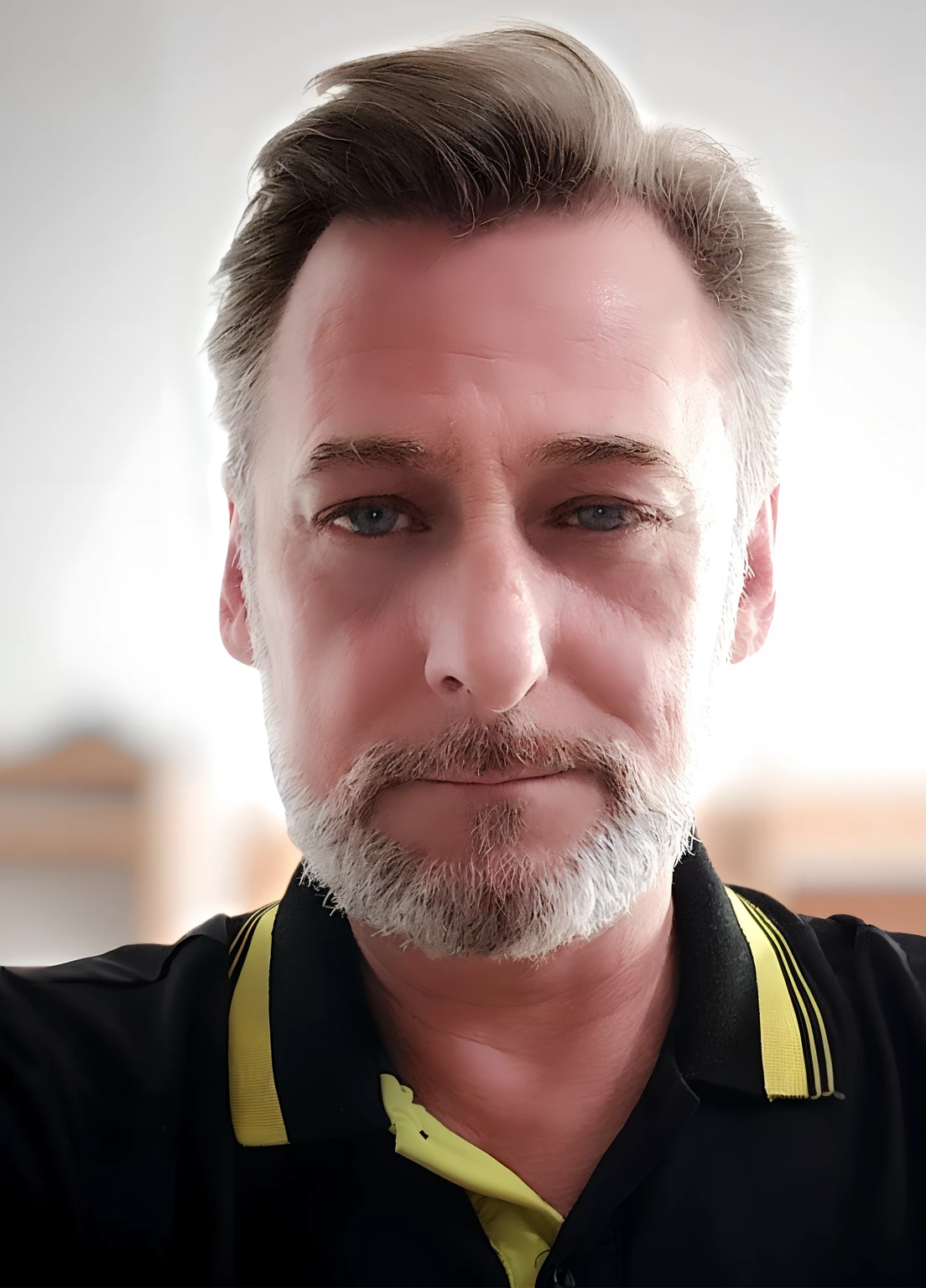 blond man with grey hair and beard wearing black shirt and yellow collar, 8k selfie photograph, selfie of a man, portrait shot 8 k, photo of a 50-year-old white man, shot on nikon z9, selfie shot straight on angle, front facing the camera, facing the viewer, portrait mode photo, looking directly at the camera, selfie photo