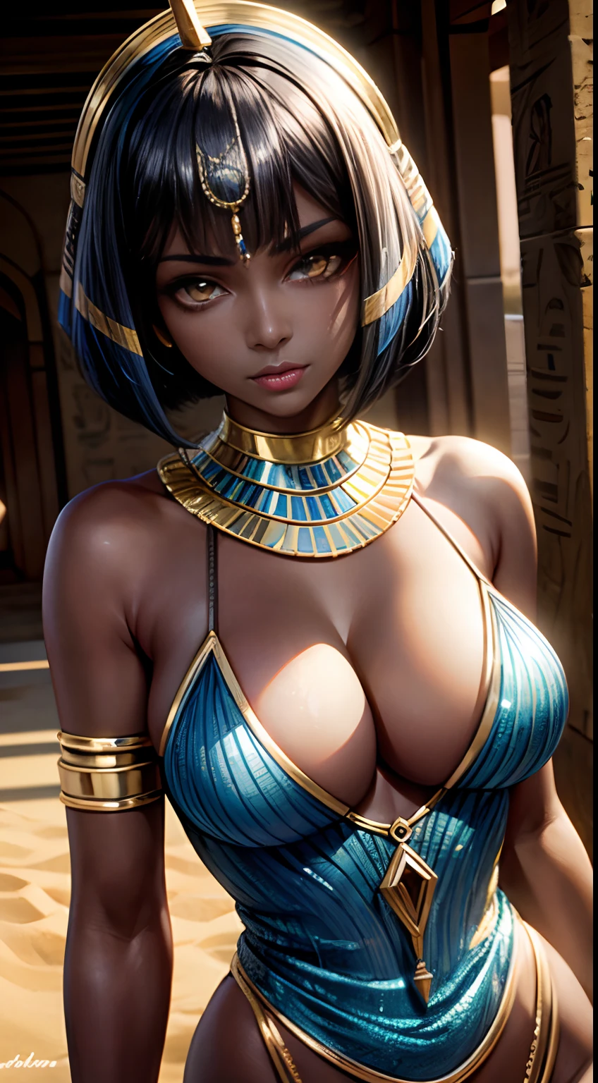 Mature female, dark skin, yellow eyes, bob cut, blue hair, lips, toned, Egyptian, Egypt clothes, sand, cleavage