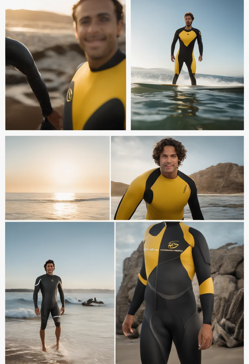 RAW, Masterpiece, Super Fine Photo, Ultra High Resolution, Photorealistic, Sunlight, Full Body Portrait, latino hispanic young man wearing a full body, black and yellow wetsuit, slight manly buldge, black hair with blonde highlights, smiling face, open mouth, gold teeth, standing on a sandy beach facing the ocean holding a full length surf board in his arms, cybernetically enhanced, pigeoncore, neo-dadaist, mechanized precision, people swimming in the ocean, boats floating, in the style of mecha sci-fi anime, 8k, best quality, highres, Unreal Engine:1.4,Ultra-realistic 64K CG, Photorealista:1.4, Skin Texture:1.4, Volumetric fog, 8k uhd, dslr, high quality, film grain, fair skin, photorealism, lomography, translucent