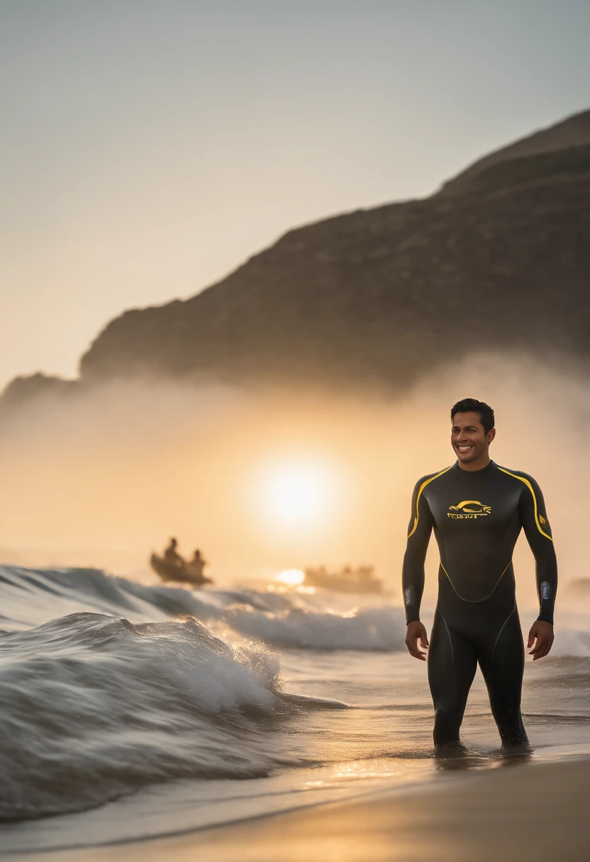 RAW, Masterpiece, Super Fine Photo, Ultra High Resolution, Photorealistic, Sunlight, Full Body Portrait, latino hispanic young man wearing a full body, black and yellow wetsuit, slight manly buldge, black hair with blonde highlights, smiling face, open mouth, gold teeth, standing on a sandy beach facing the ocean holding a full length surf board in his arms, cybernetically enhanced, pigeoncore, neo-dadaist, mechanized precision, people swimming in the ocean, boats floating, in the style of mecha sci-fi anime, 8k, best quality, highres, Unreal Engine:1.4,Ultra-realistic 64K CG, Photorealista:1.4, Skin Texture:1.4, Volumetric fog, 8k uhd, dslr, high quality, film grain, fair skin, photorealism, lomography, translucent