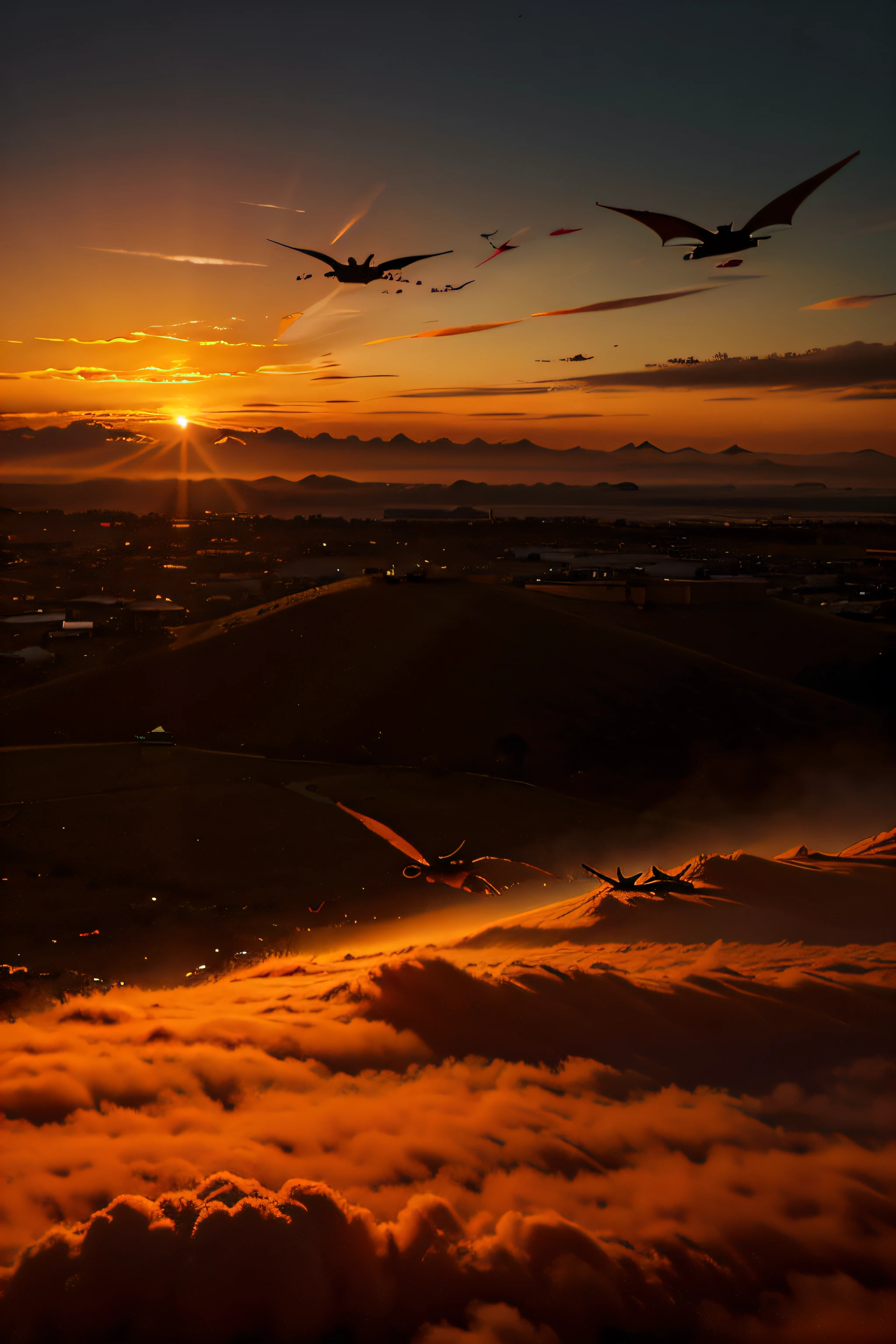 orange sunset with dragons flying in the distance