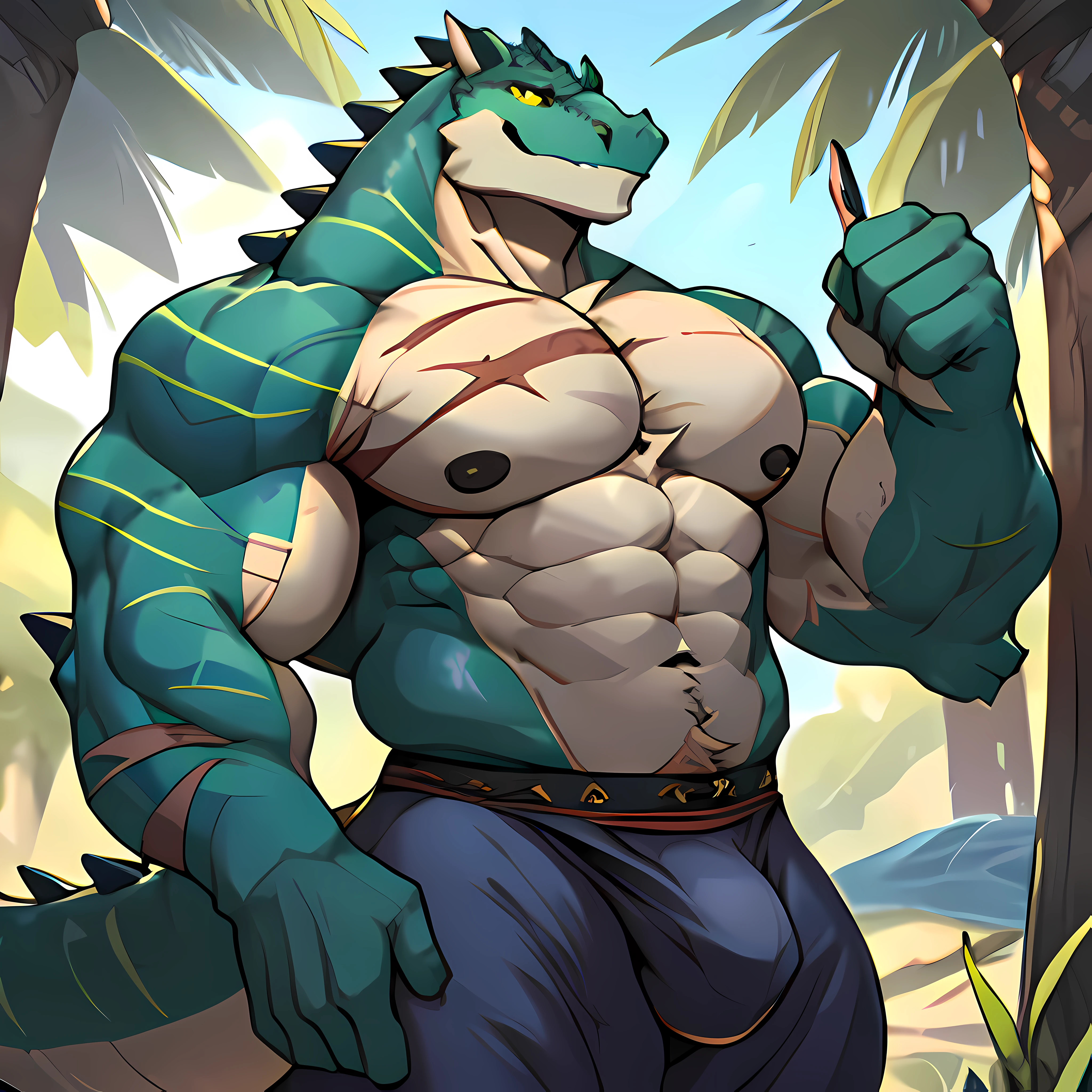 Solo, Male, lizardfolk, cheeky face, Wide face, Broad shoulders, Muscular, buff, Strong, Tall, Giant, Huge amounts of pubic, immensity, Gigantic, large biceps, large pecs, Blue-green body, yellow eyes， There are many scars on the body，detailed crotch, massive bulge