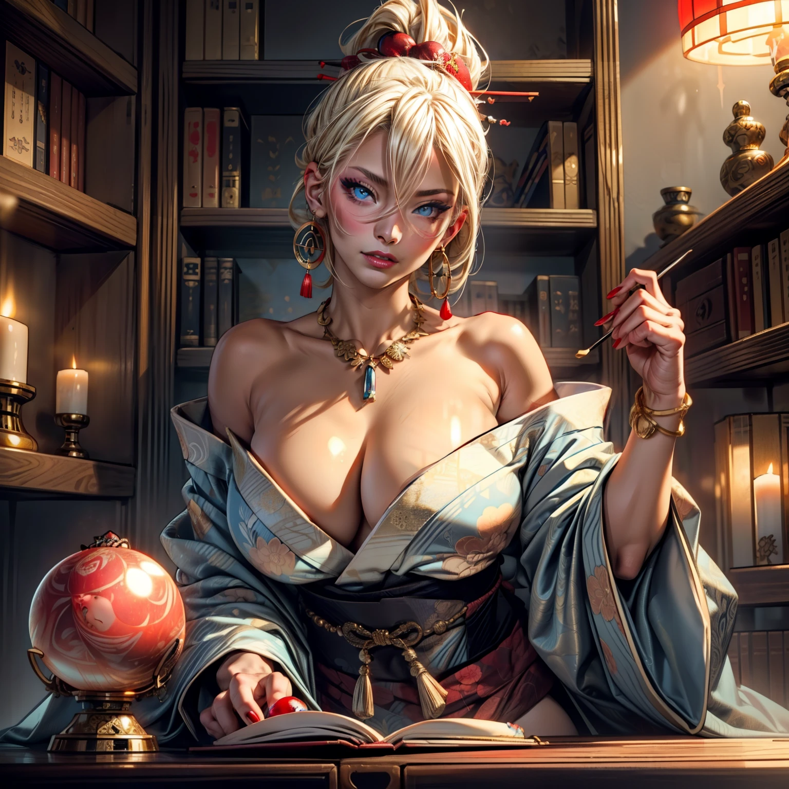 Masterpiece, Best Quality, (((Solo mature woman Janet))), (((platinum blonde hair))), long braided Ponytail, (((wide hips))), (((light blue eyes))), full lips, seductive smile, cleavage, sitting on wooden throne, (((bookshelves, candles))) sunset, blushing, , "beautiful mature face" , age30 , MILF , adult ((open kimono with detailed patterns of gold)), bare shoulder, ((Sexual suggestiveness)), perfect beautiful eyes, detailed eyes. thick lips, ((big boobs)), (Thick thighs), top down, looking down, (((shiny skin))), (((chubby))), (((crystal Ball)), necklace, bracelets, hoop earrings, (((European Face))), ((Oiran)), Japanese Clothing, Boobplate, obi, intricate, eye shadow, floral print, hairpin, lipstick, make-up, red lips, red nail polish, sarashi, kiseru, kanzashi