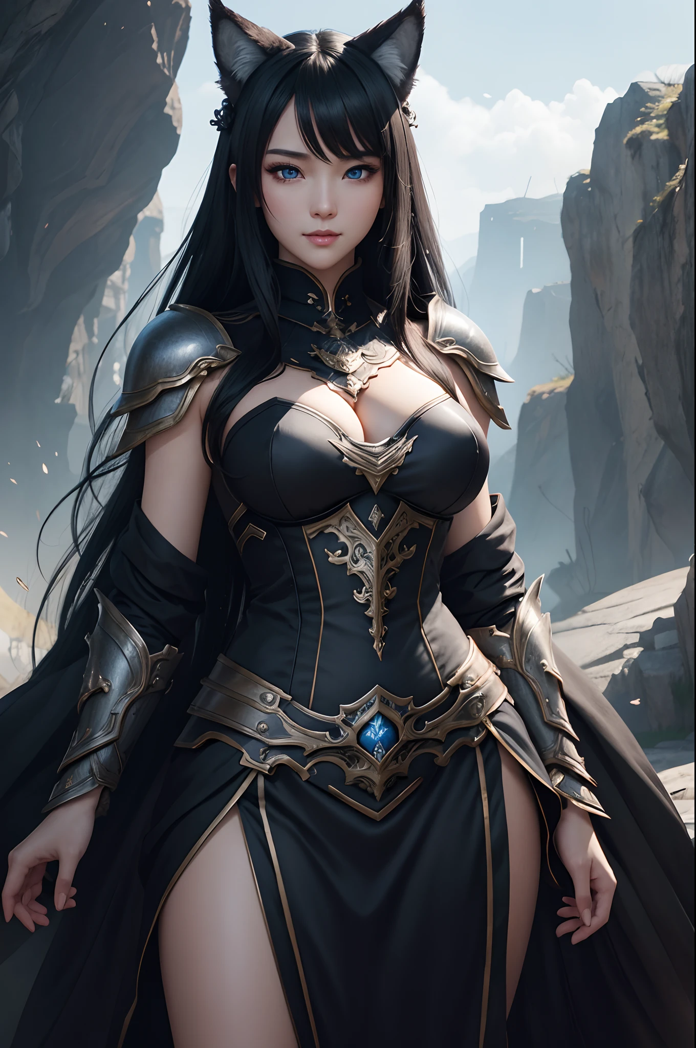8K,Close-up of a woman in a black and white dress、Dark hair、Werewolf with small breasts,Super beauty,(Lifelike)Blue eyes,,Chengwei Pan on Artstation、 Yang J 作、 Intricate fantasy art、Stunning character art、 Fanart Meilleure ArtStation、 Magnificent and elaborate character art、 Maid's Armor、Highly detailed artgerm、 Detailed Digital Animation Art、 ArtGerm on ArtStation Pixiv、 Girl in armor、dynamic ungle、超A high resolution、a smile、real looking skin、魅惑的、A sexy、active、Wolf ears,