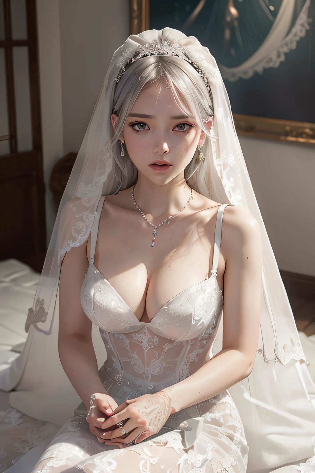 (masutepiece: 1.3), (max resolution: 1.2), (Ultra HDTV: 1.2), cinematric light, 8K resolution, Detailed eyes and skin, detailed facial features, , (Sharp Focus: 1.2), (Focus on Face:1.2),Perfect Style, Beautiful face, acurate, Anatomically correct, Highly detailed face and skin texture, Detailed eyes, Double eyelids, Thin eyebrows, Glitter Eyeliner: 1 Natural cheeks, Glossy skin, Fair skin: 1.2, (Glossy lips: 1.4),、 (Shy look: 1.2),Exposed cleavage、、White underwear、White bra、Shiny little earrings and necklaces、、Disheveled clothes、Dressing、Stockings、Sweaty thighs、Sheer underwear、 25 years old, Neat and clean woman 、 White-silver hair、Green ash eye, Big, upturned breasts, Sitting on the floor, chies、(weddingdress:1.6)、veils、0